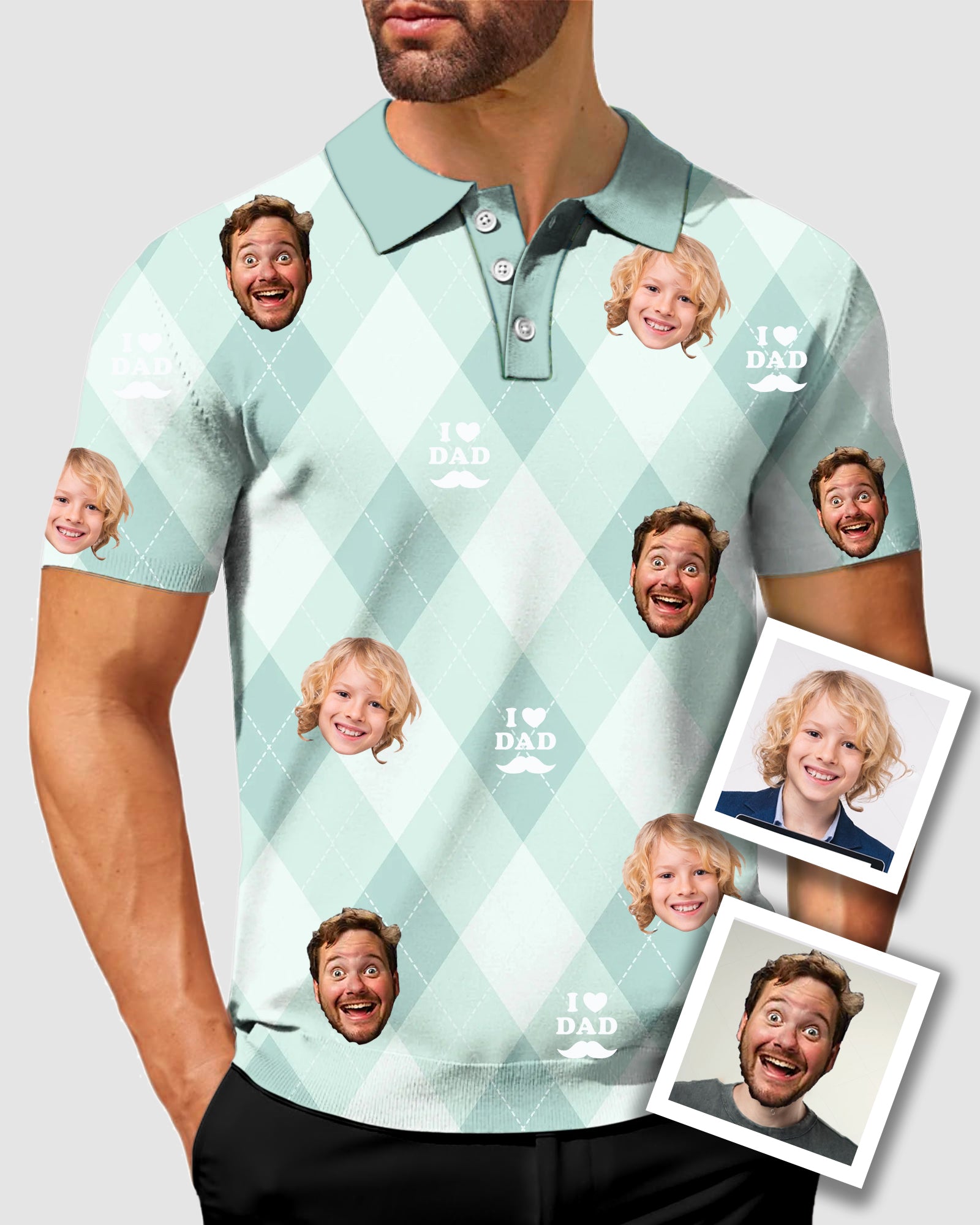 Men's To-My Dad Custom Face Green Argyle Men's Golf Polo Father's Day Gif Polo