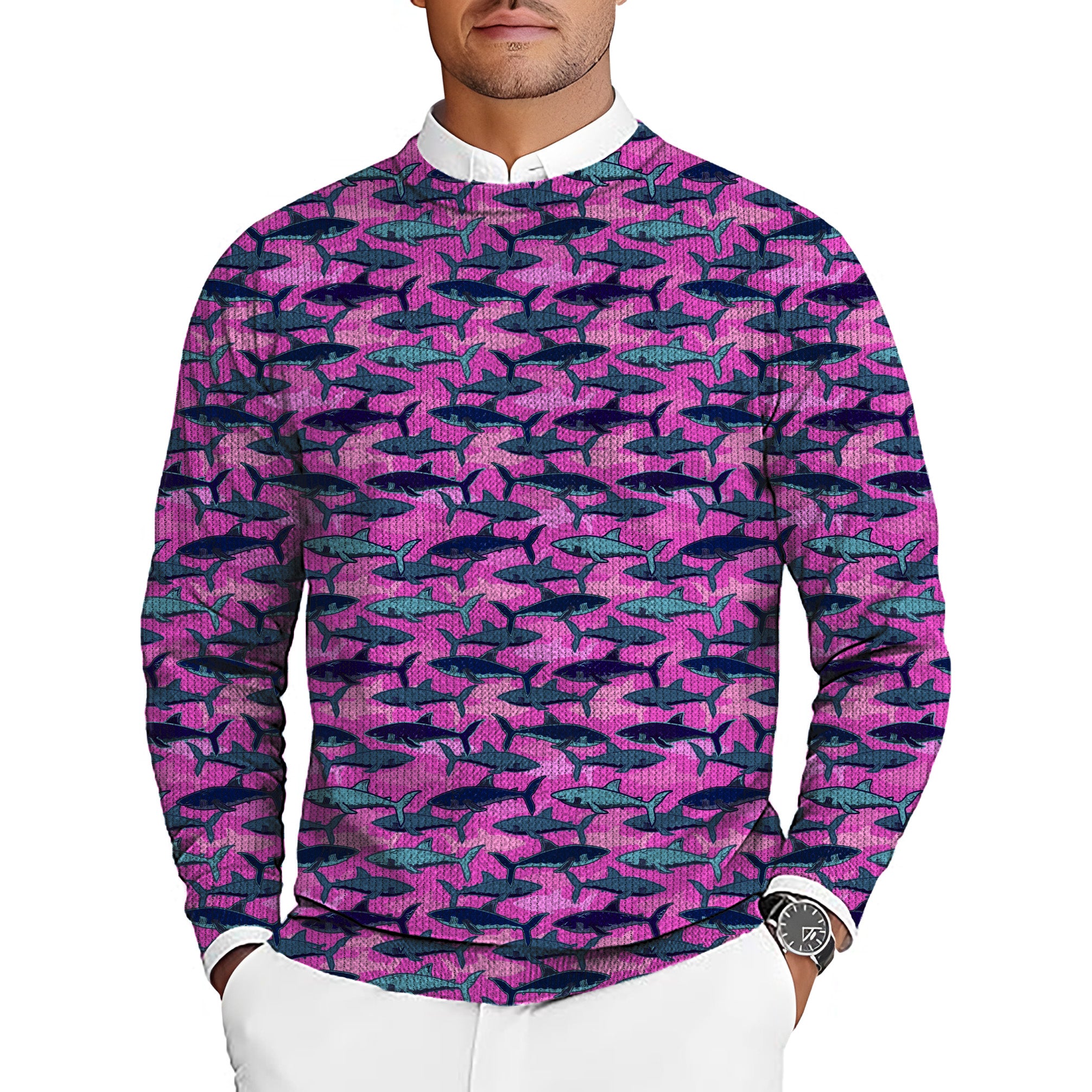 Electric Sharks Pink Men's Golf Crewneck Pullover Sweaters Ugly Sweater