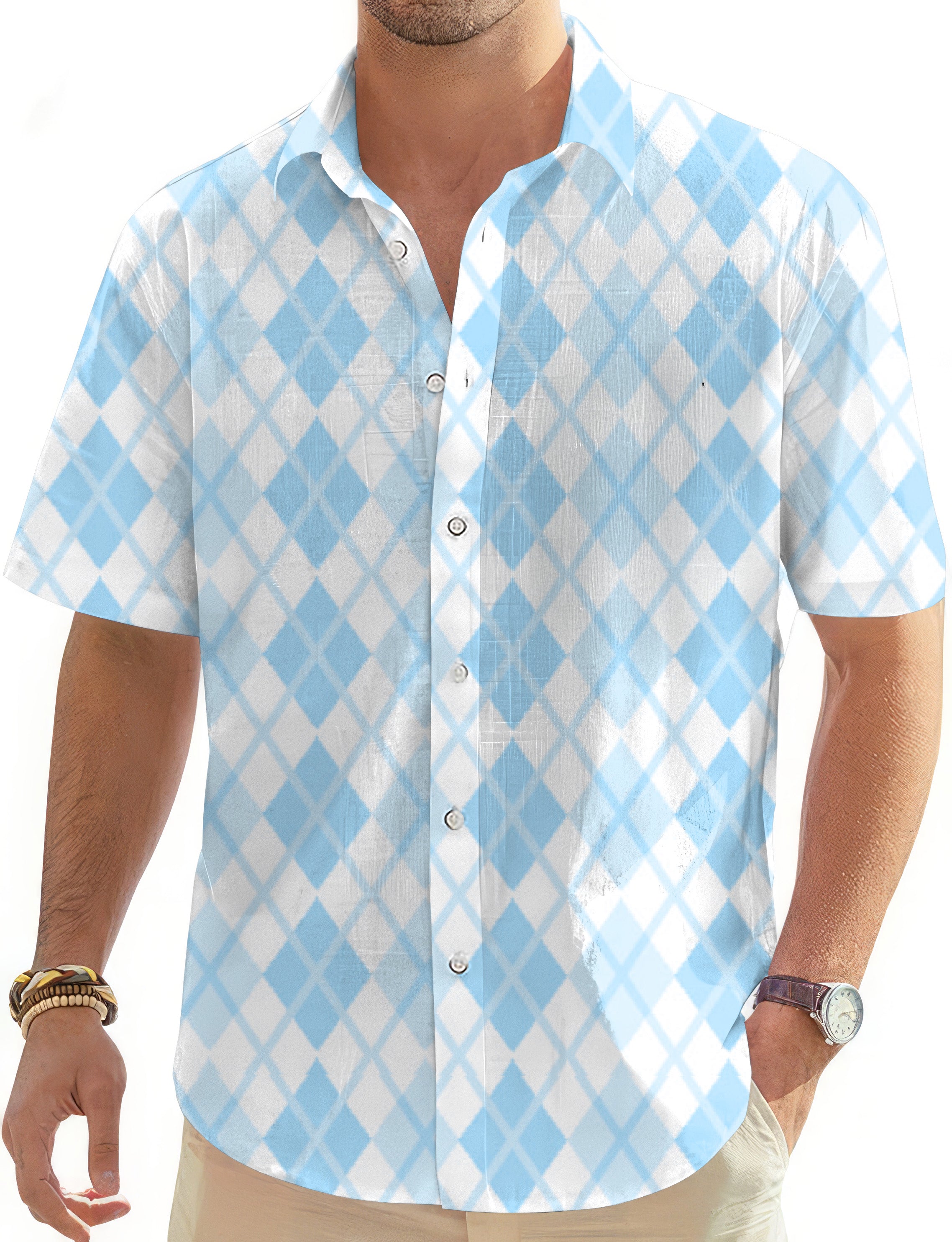 Argyle bule grid-Men's Golf Hawaiian Shirts Button Down Shirt
