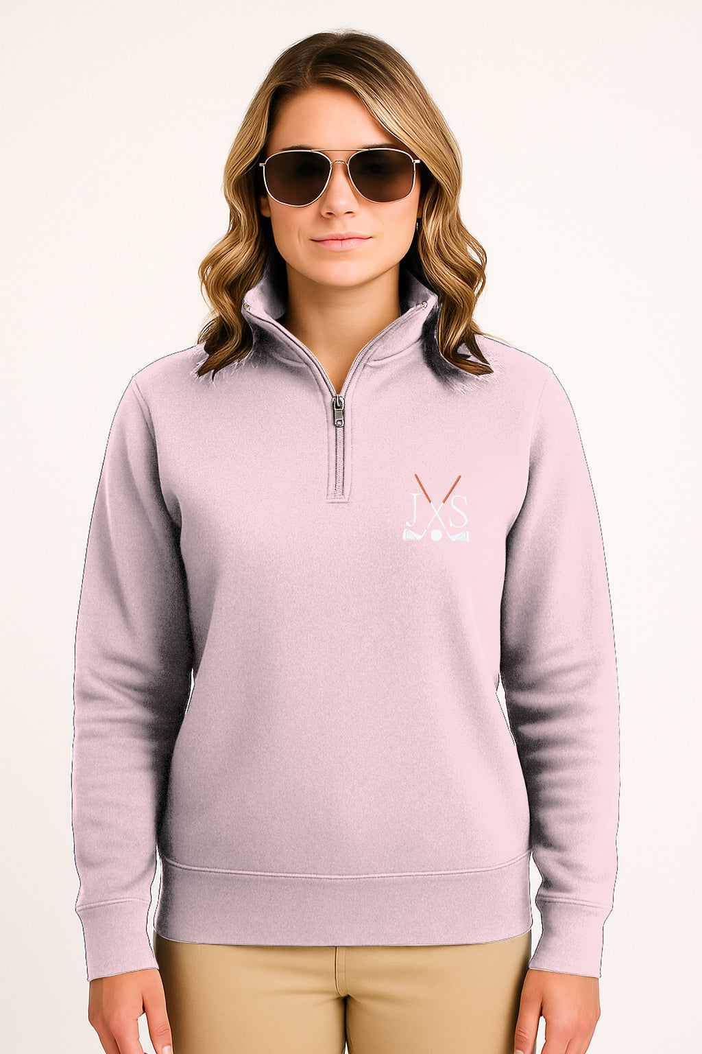 Embroidery solid color pink plus size women's high neck golf hoodie with club and initials design