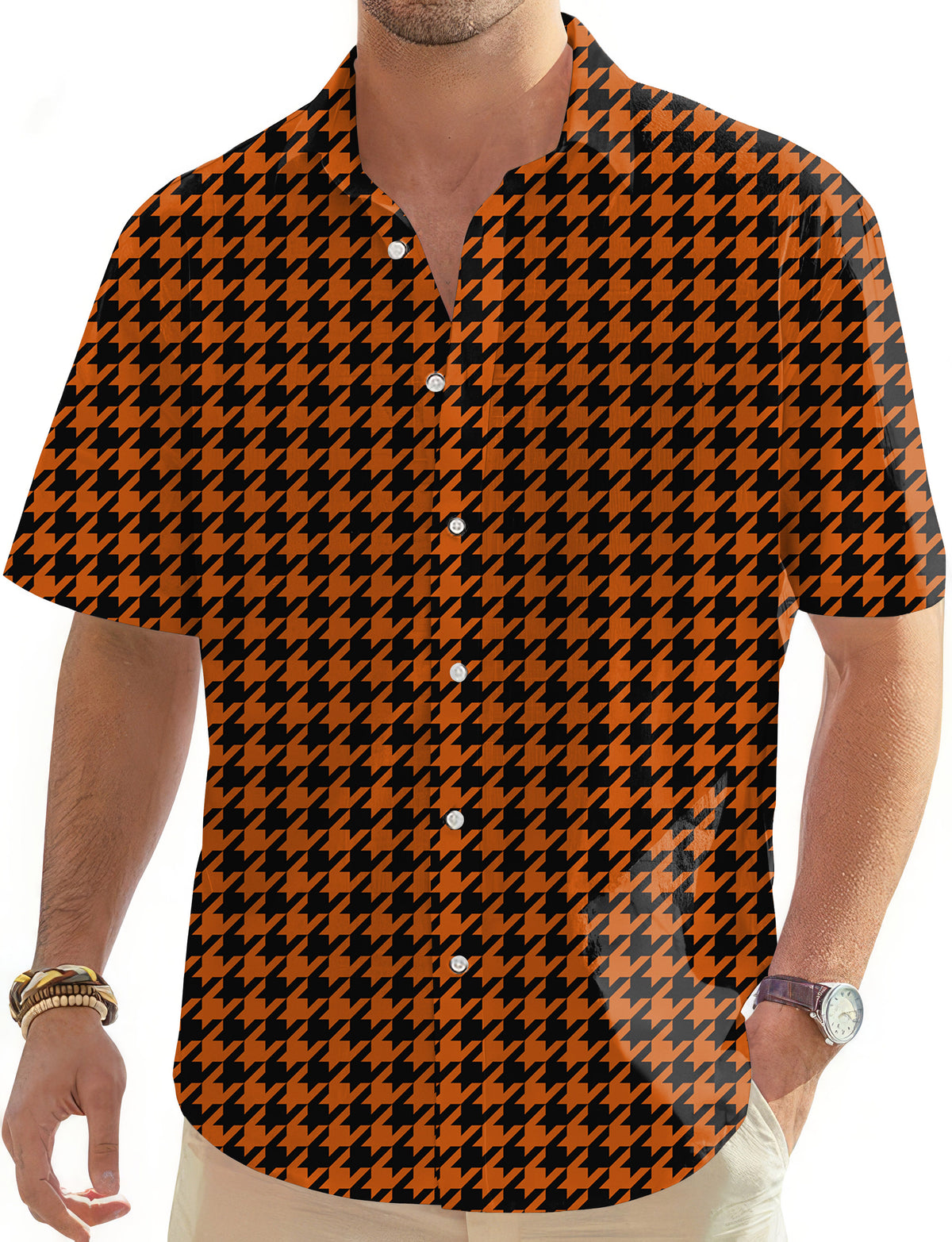 Halloween yellow and black houndstooth Men's Golf Hawaiian Shirts Button Down Shirt