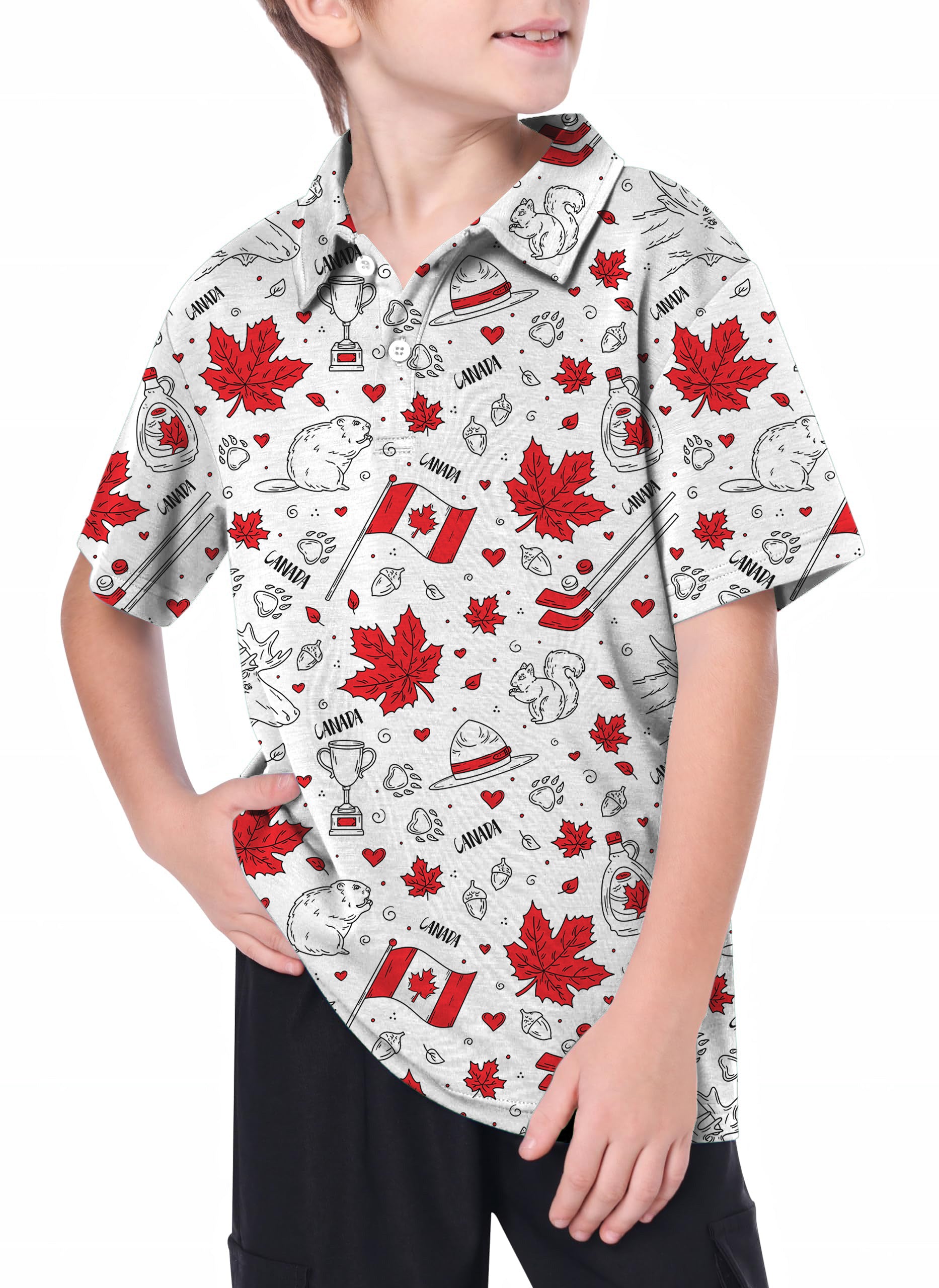Youth Canadian Balloon Squirrel Maple Leaves Golf Polo
