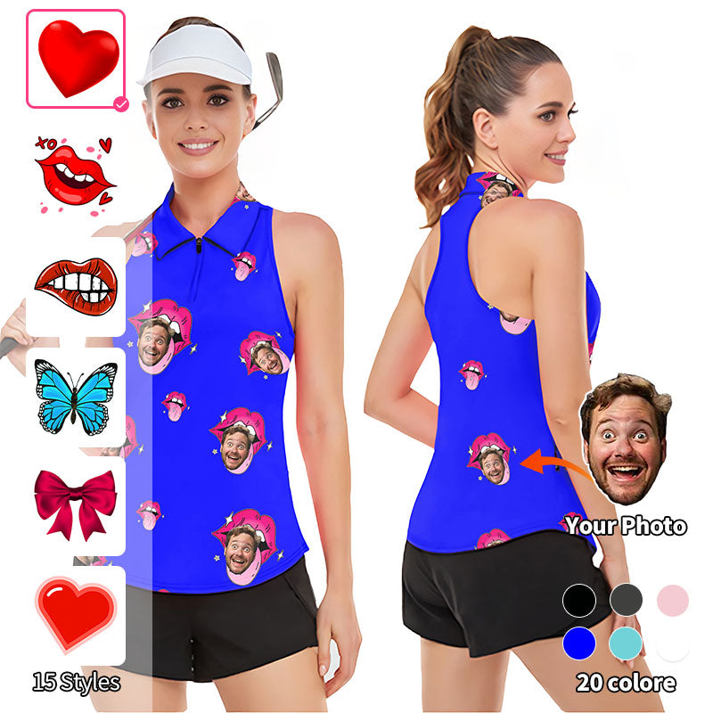 Valentine's Day Custom Photo Face Custom Color Royal Love Women’s Sleeveless Golf Tank Top Shirt Polo