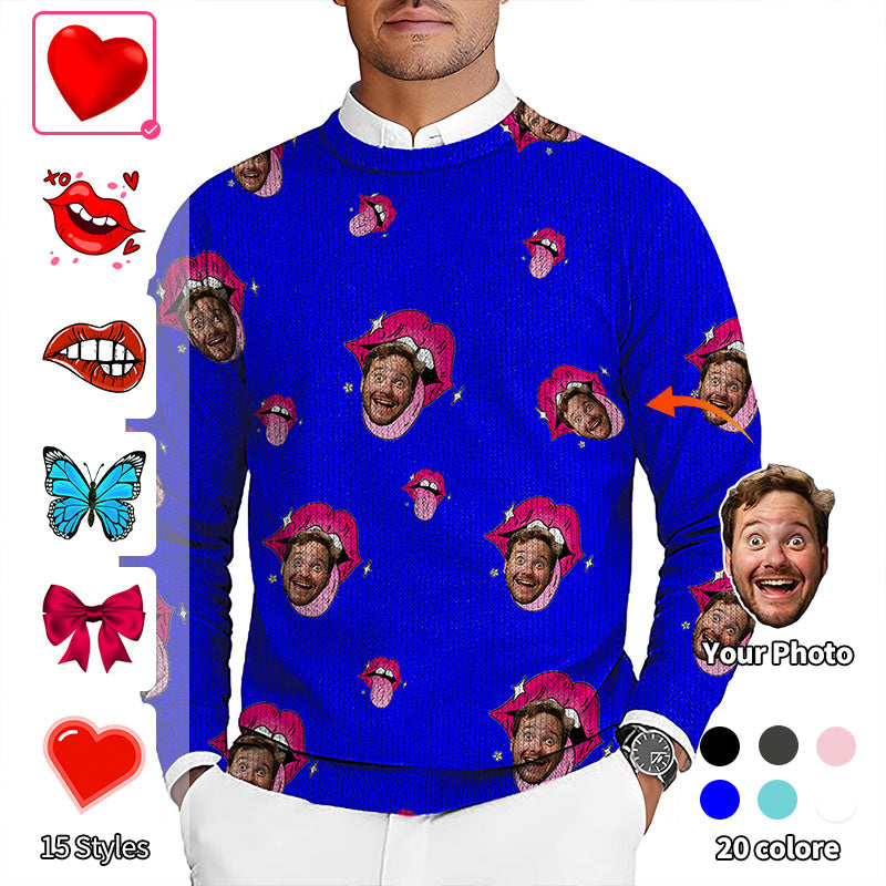 Valentine's Day Custom Photo Face Custom Color Royal Men's Golf Crewneck Pullover Sweaters Ugly Sweater