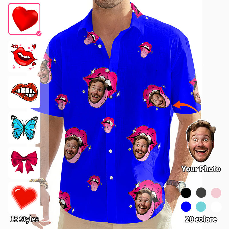 Valentine's Day Custom Photo Face Custom Color Royal Men's Golf Hawaiian Shirts Button Down Shirt
