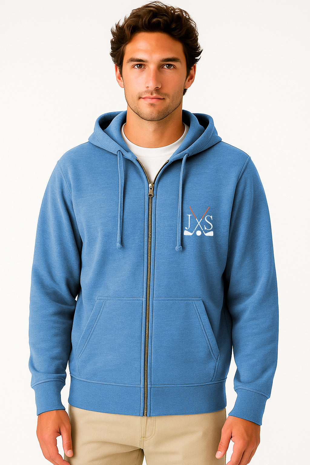 Plus size men's blue zipper hoodie with embroidery solid color and front pouch pocket