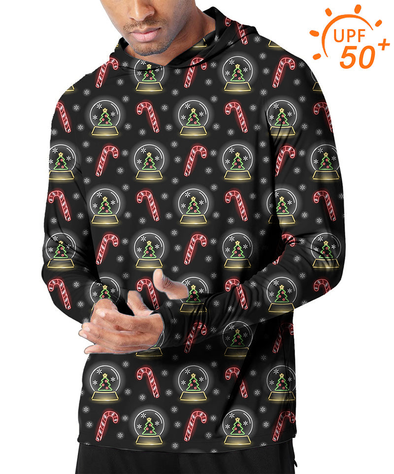 Men's slim fit outdoor Christmas hoodie with snowball and candy cane pattern, UPF 50+ sun protection, breathable fabric for comfort and moisture-wicking.