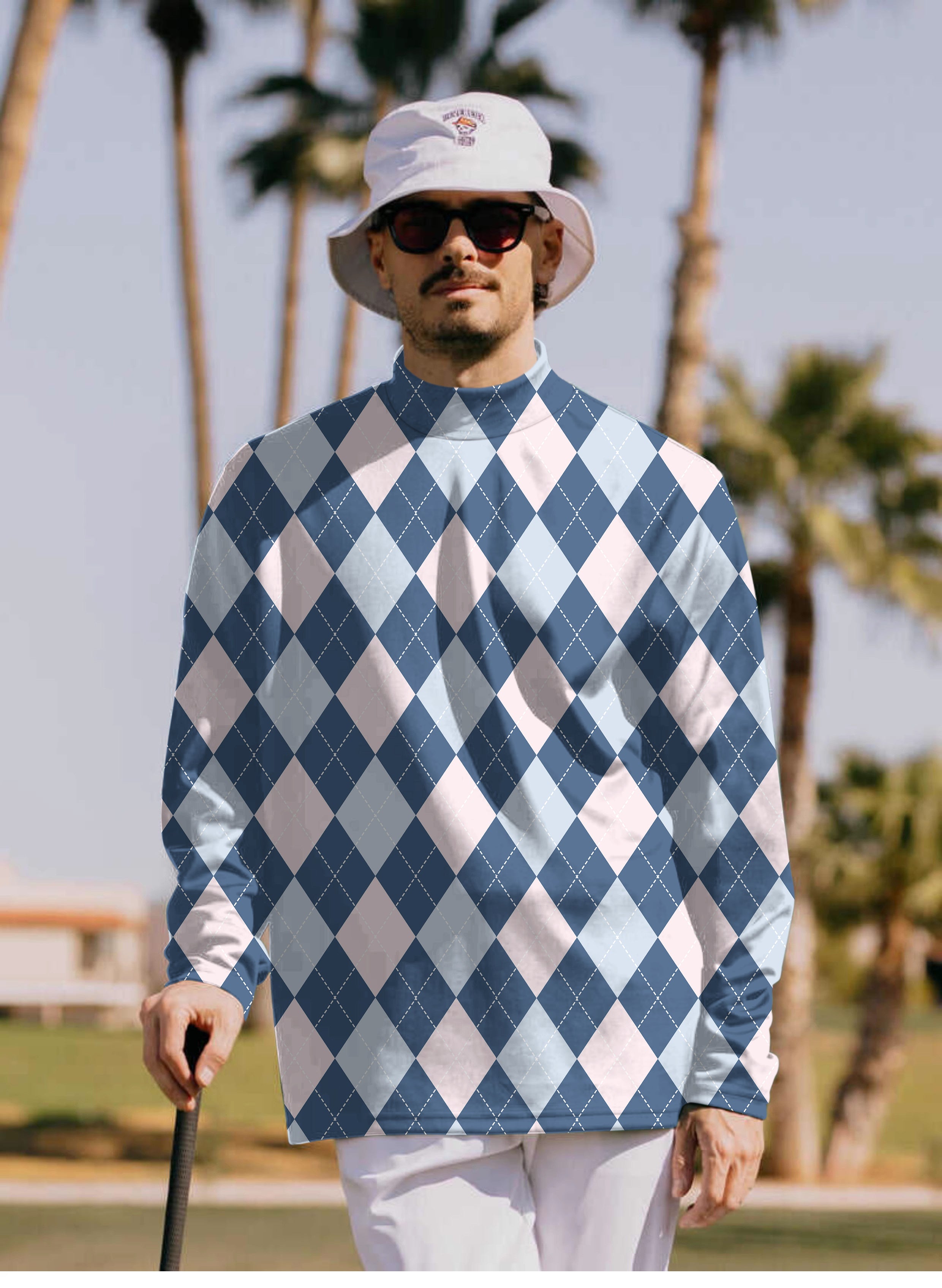 Men's blue Argyle Pullover High neck Long/Short sleeve T-Shirt