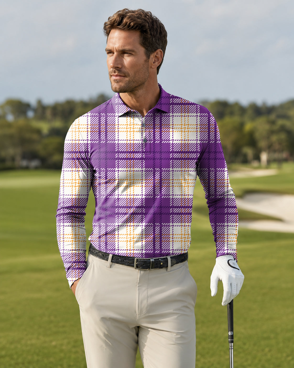 Men's Halloween purple and yellow grid pattern Long-sleeved Polo