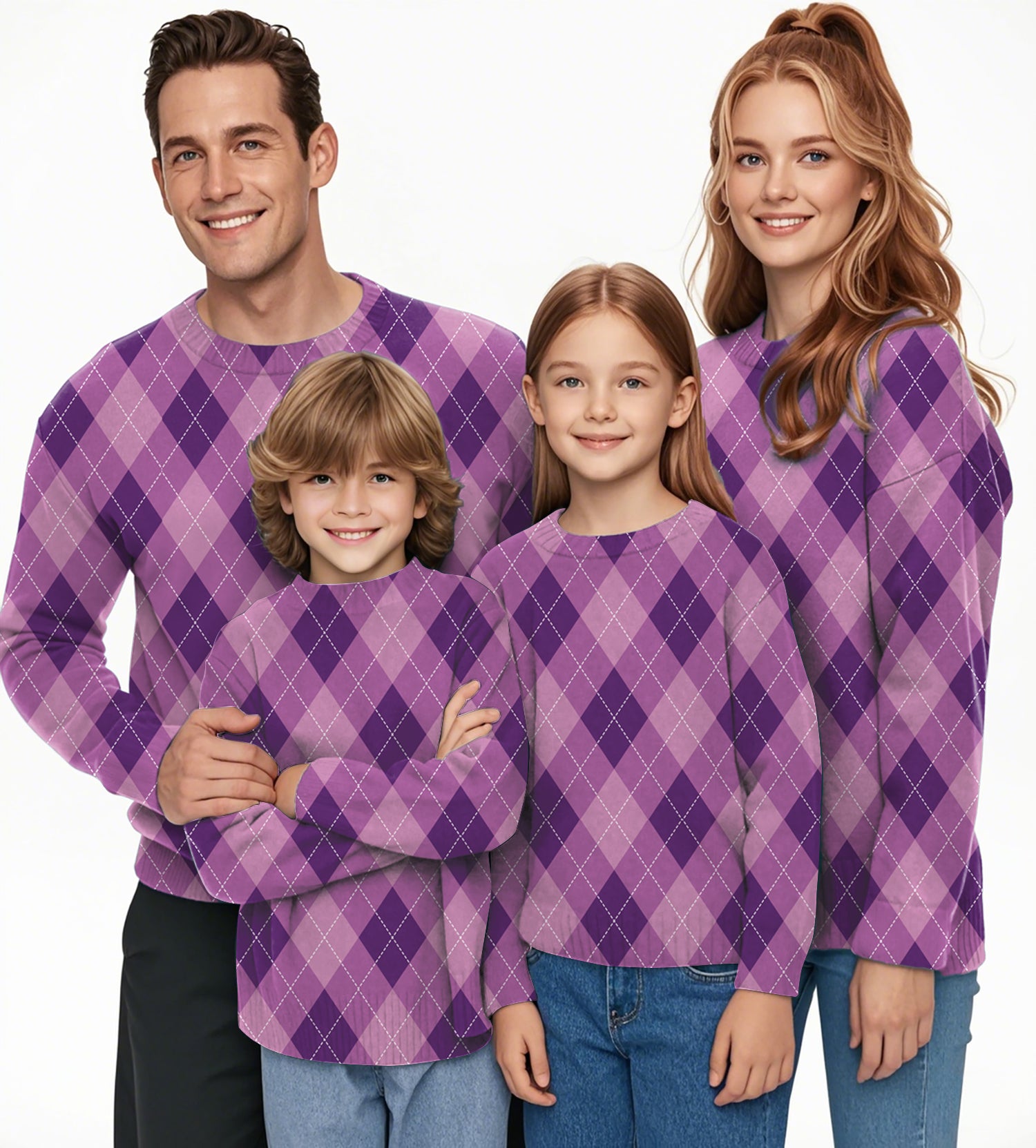 purple Argyle Crewneck Pullover Ugly Sweater Men Women boy girl family
