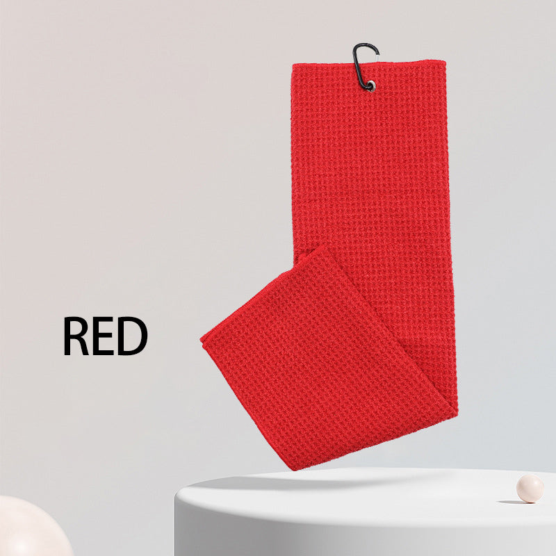 Red sports microfiber waffle towel with custom embroidered logo and golf club hook for easy attachment