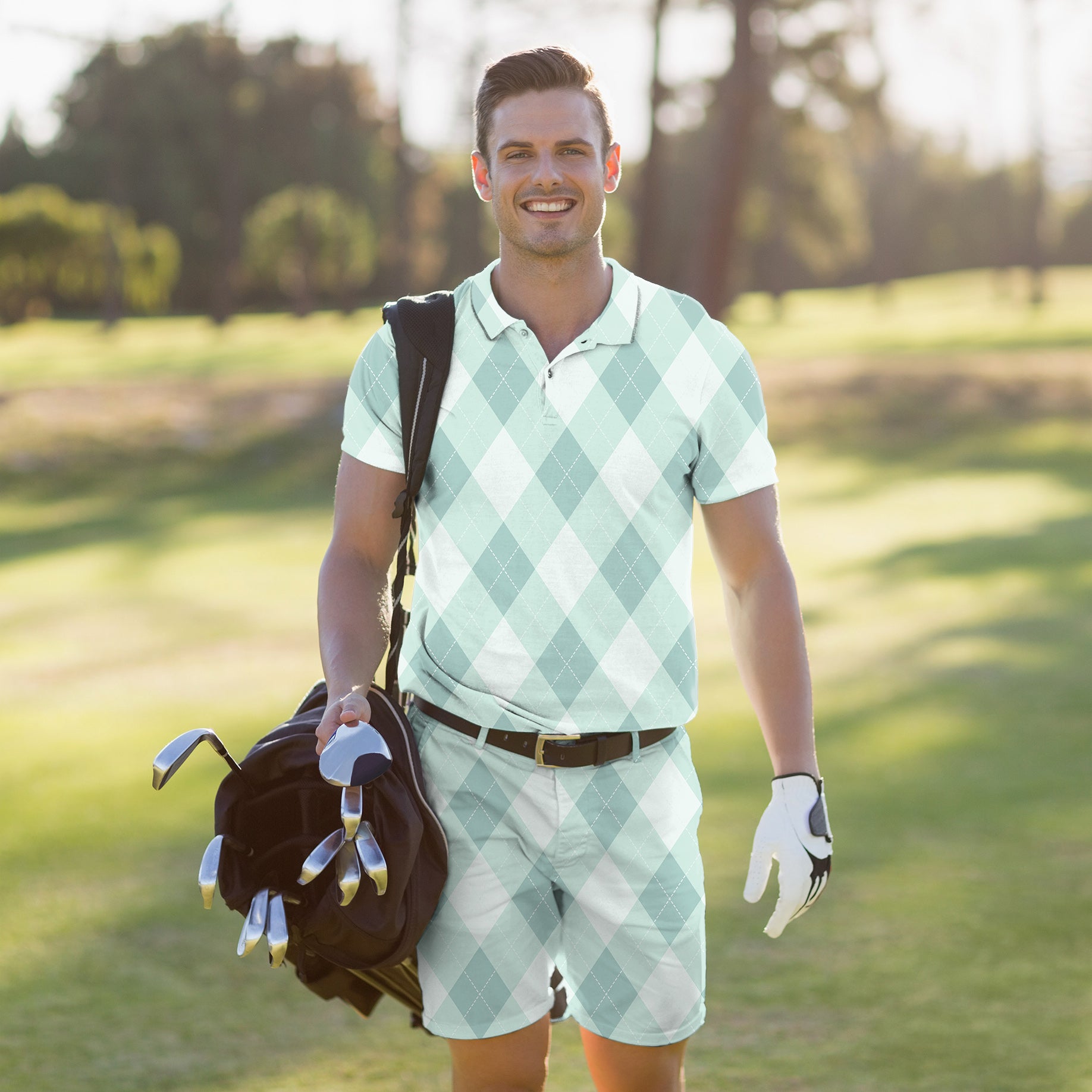 Men's Golf Set Polo+Shorts Green Argyle