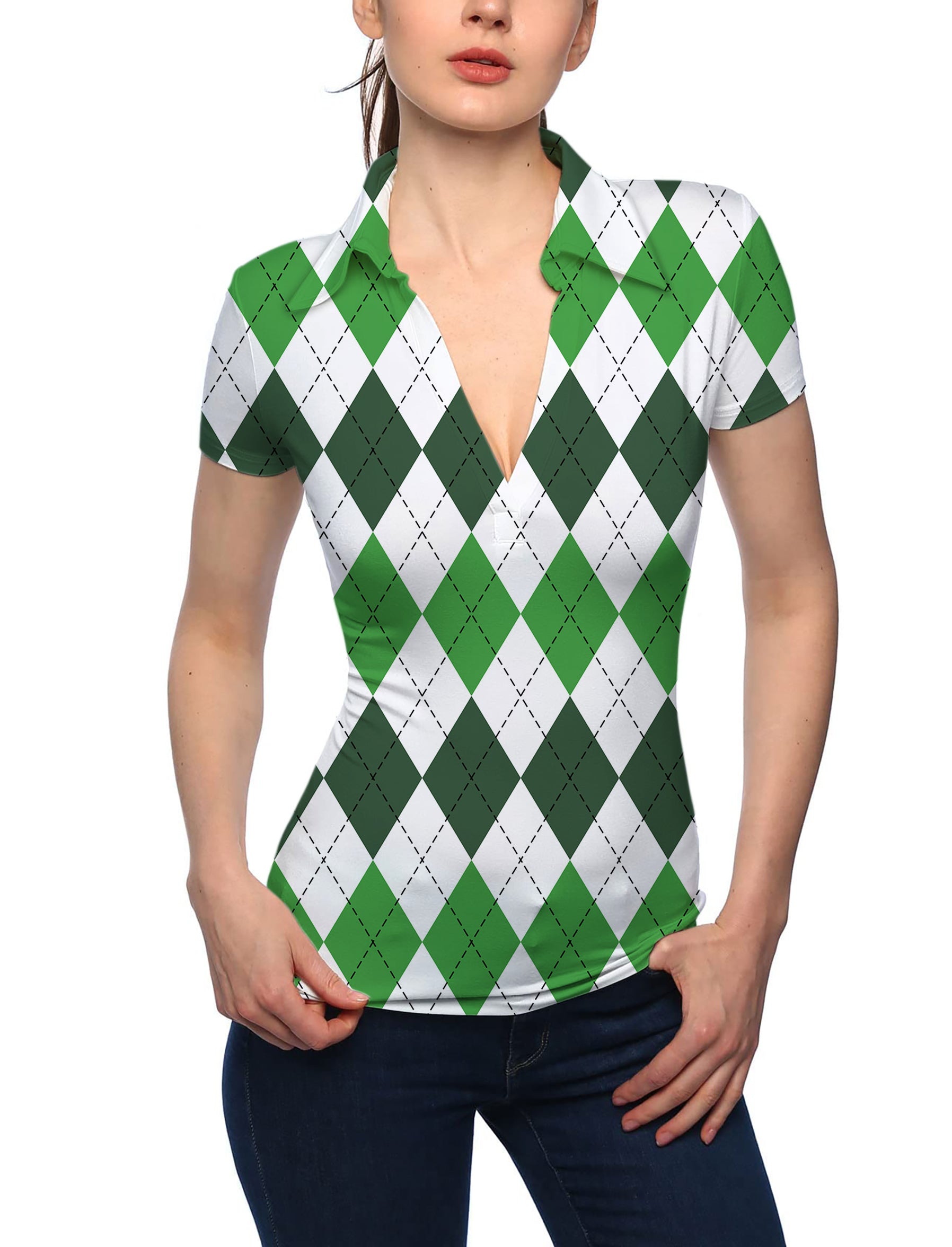 Women's St. Patricks day Argyle plaid V Neck Golf Polo