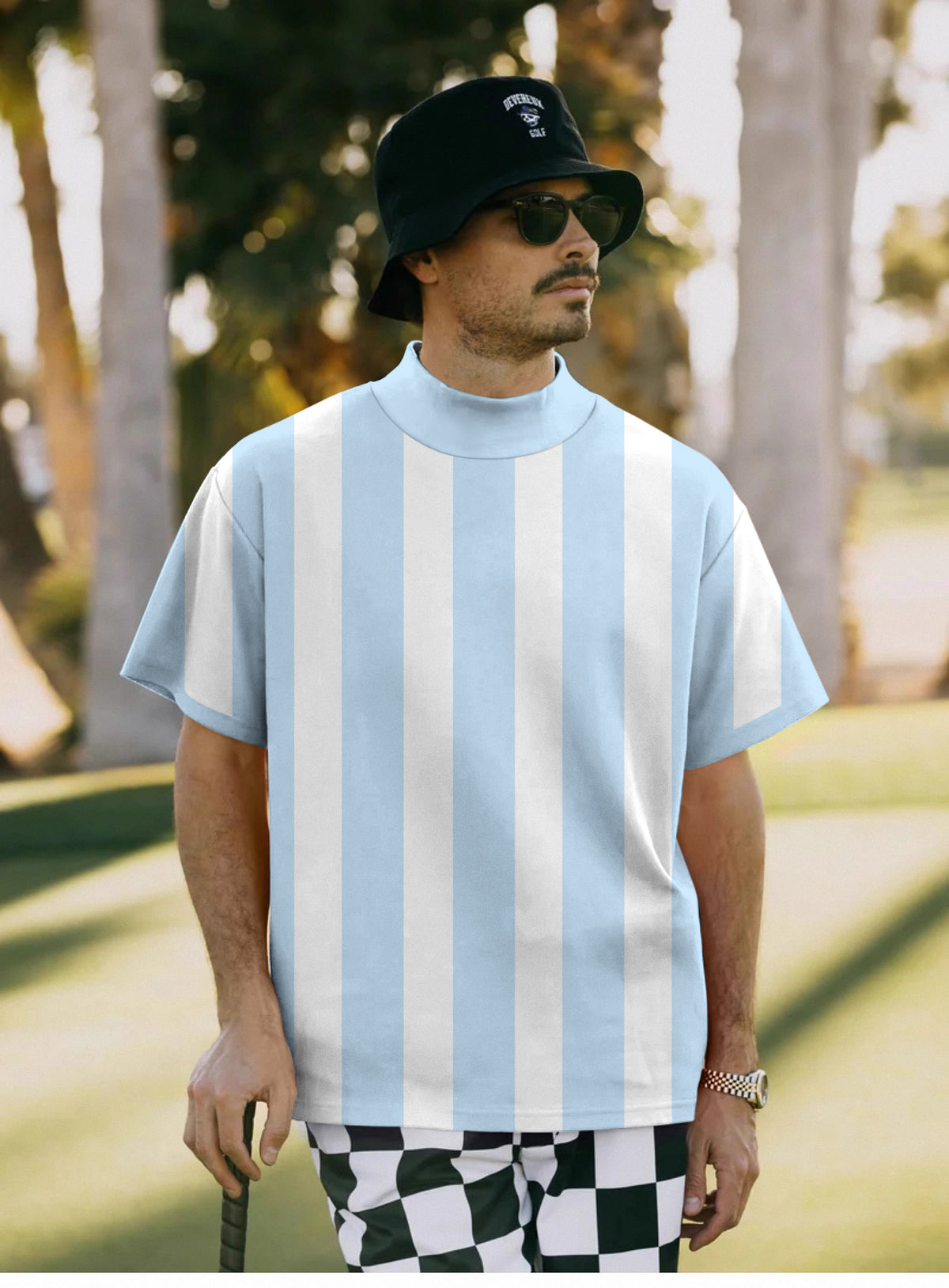 Men's Blue and white vertical stripes Mock Neck Long/Short Sleeve Golf Tops