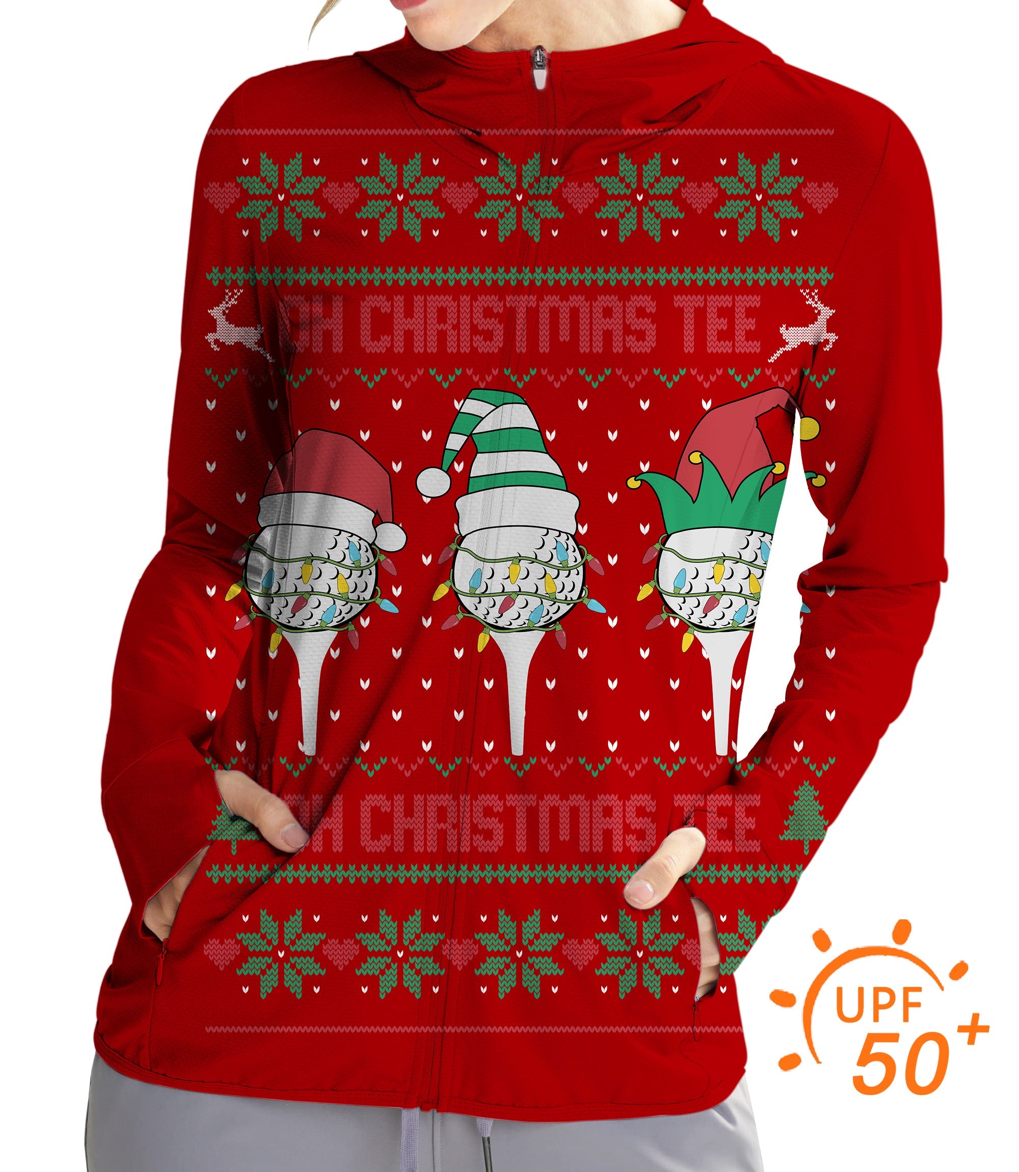 Women's outdoor red Christmas custom face golf hoodie with sun protection, slim fit, thumb holes, and UPF 50+ fabric