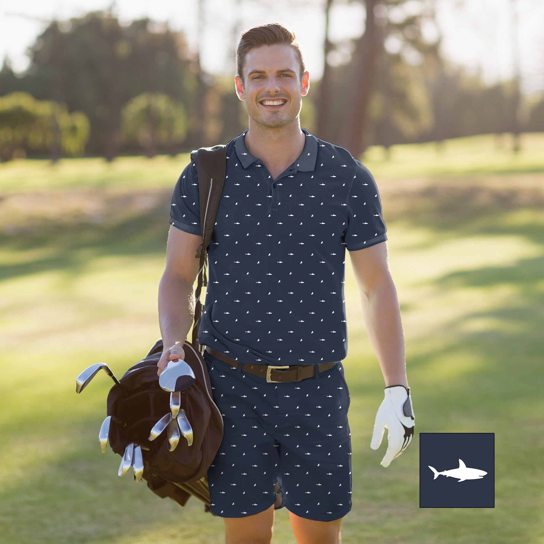 Men's Golf Set Polo+Shorts White Shark and Fin Custom The Background Color