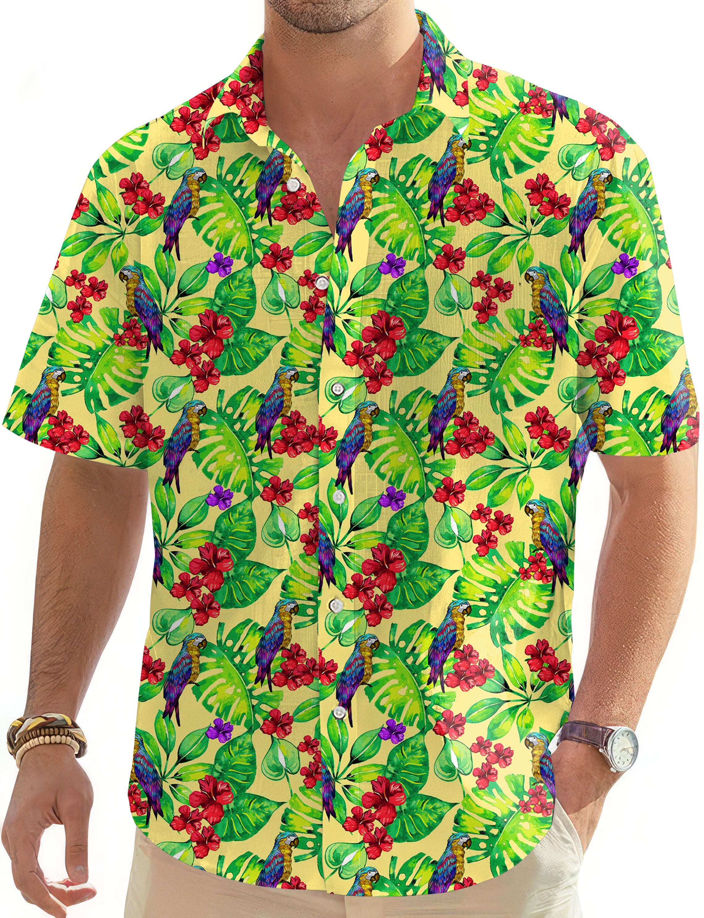 Toucan tropical flowers-Men's Golf Hawaiian Shirts Button Down Shirt