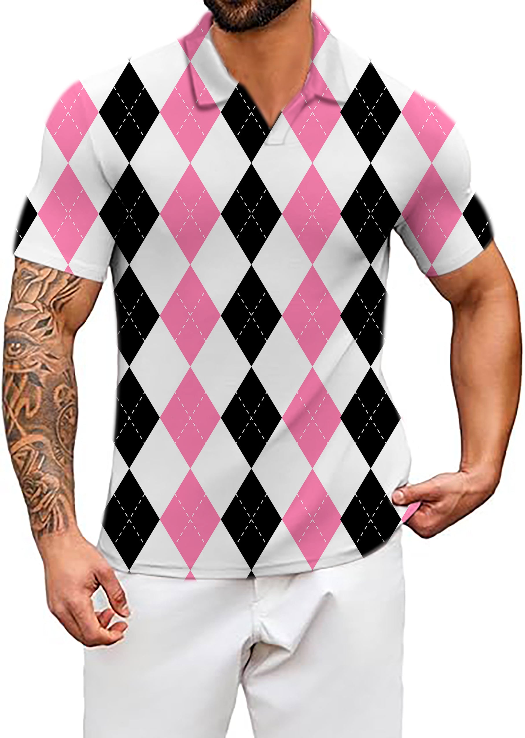 Men's pink black argyle V Neck Golf Polo Shirts