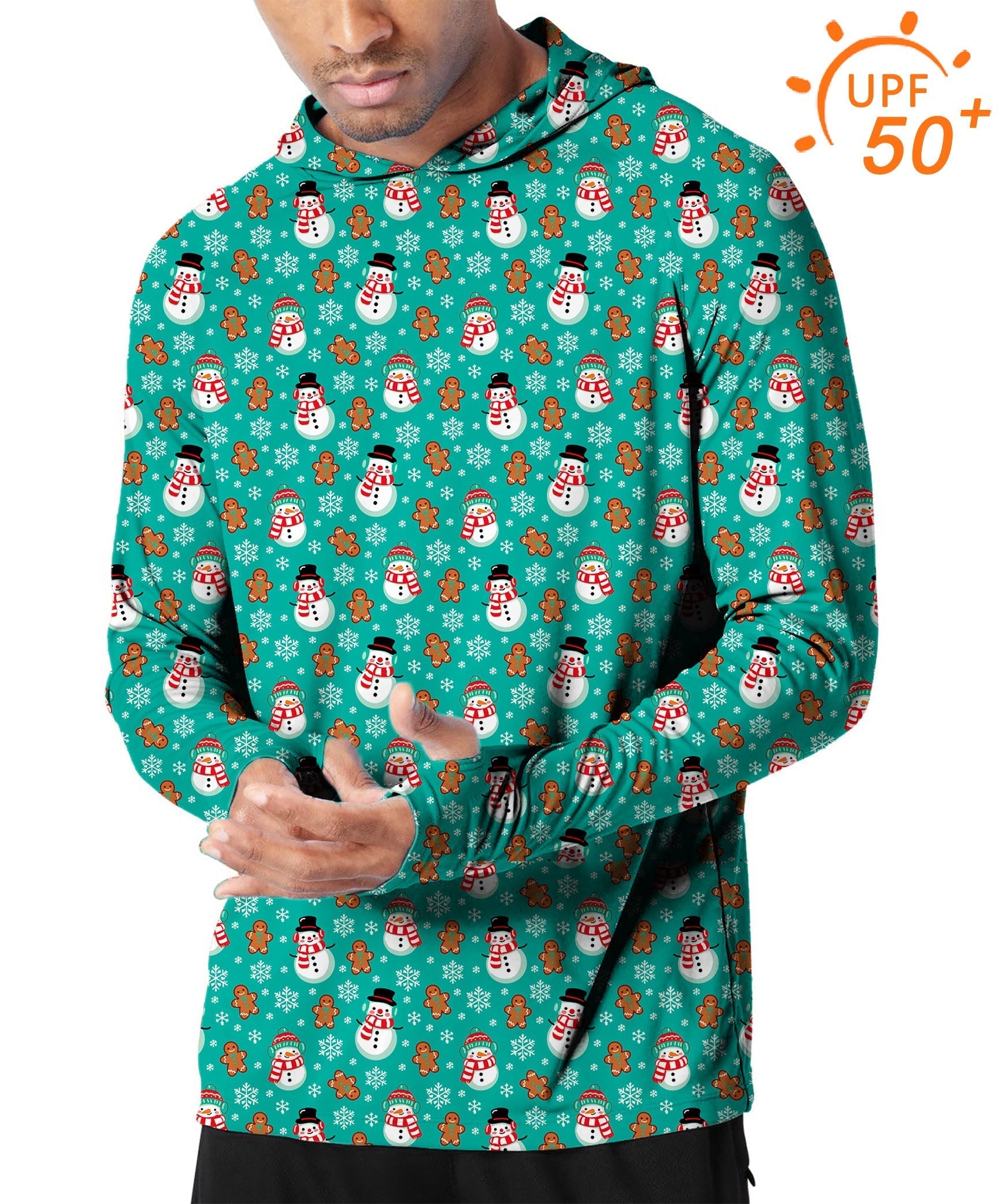Men's slim fit outdoor hoodie with blue Christmas snowman and gingerbread print, UPF 50+ sun protection, breathable fabric, and thumb holes for golf and outdoor activities.
