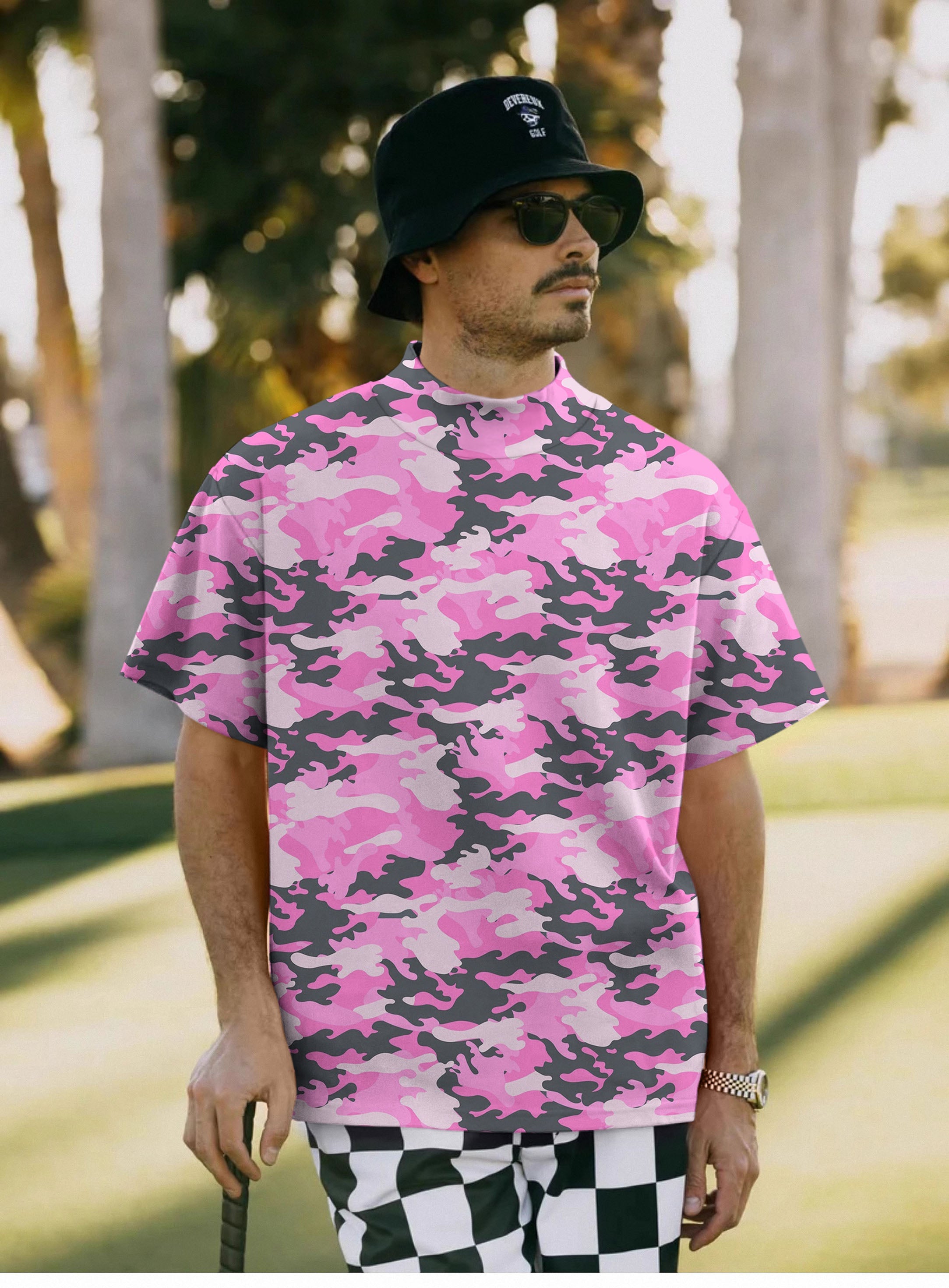 Men's Pink Camo Pullover High neck Long/Short sleeve T-Shirt