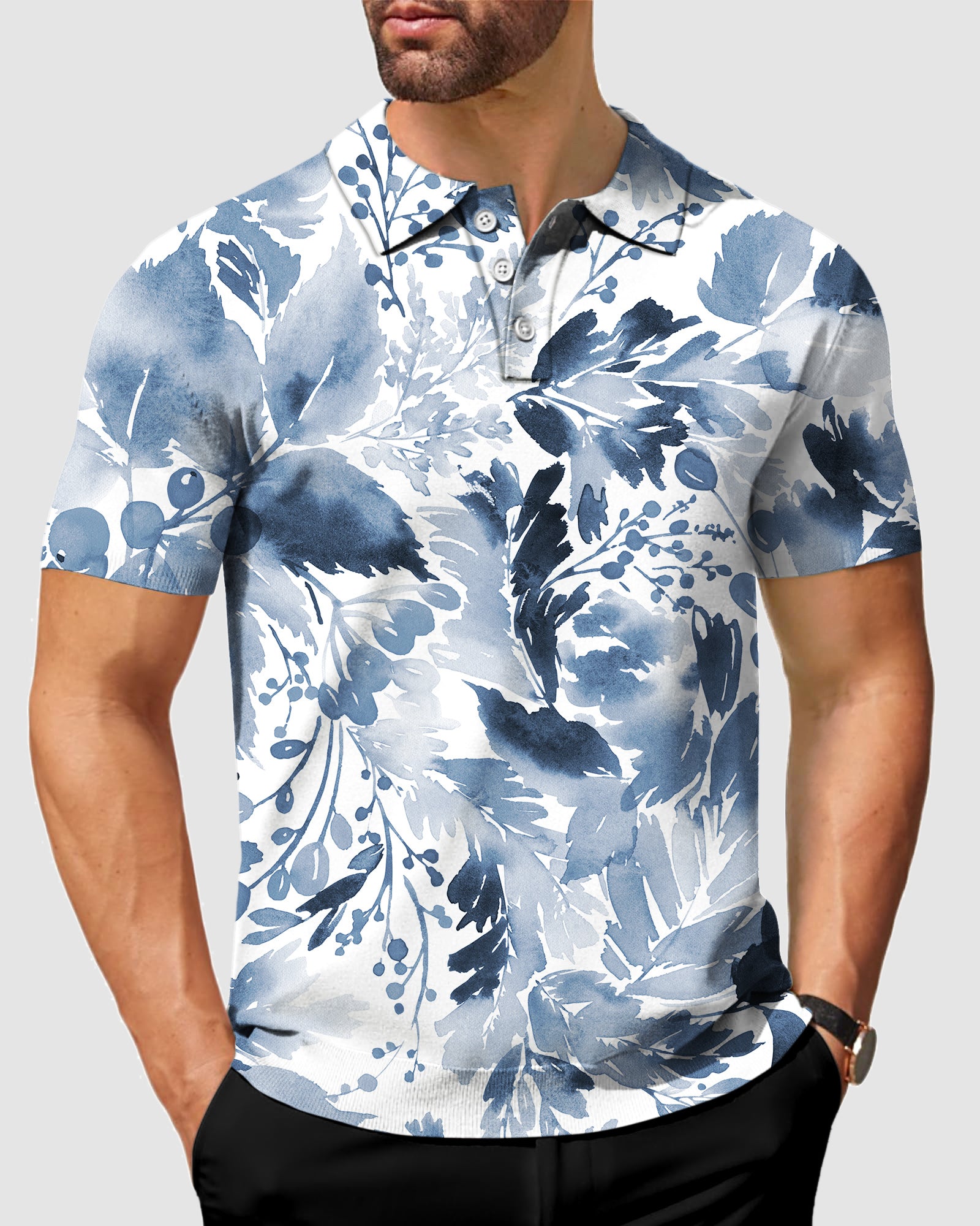 Mens Blue leaves Golf Polo