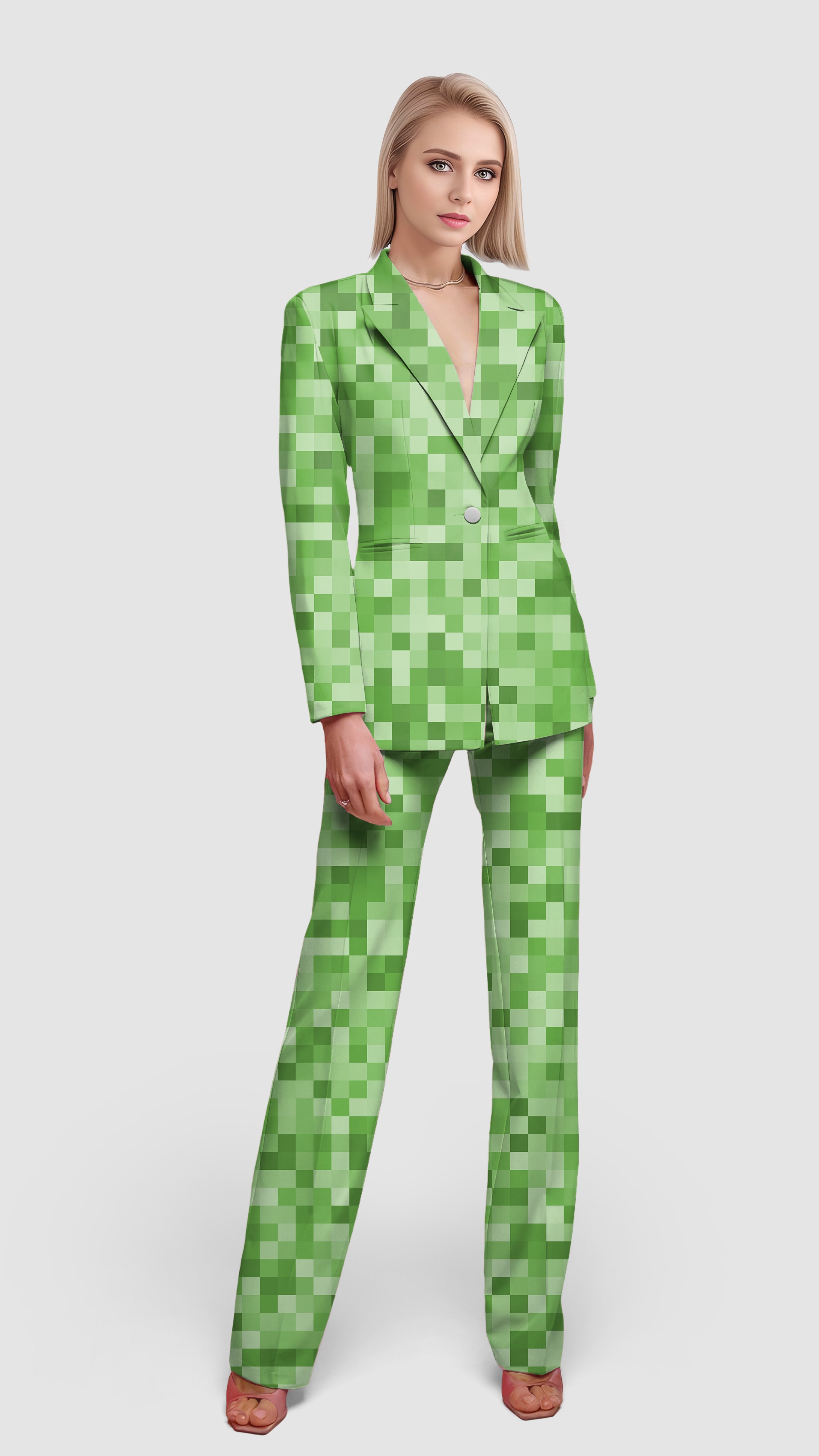 Light Green Pixel Big Women's Blazer Casual Work Office Blazer Suit set