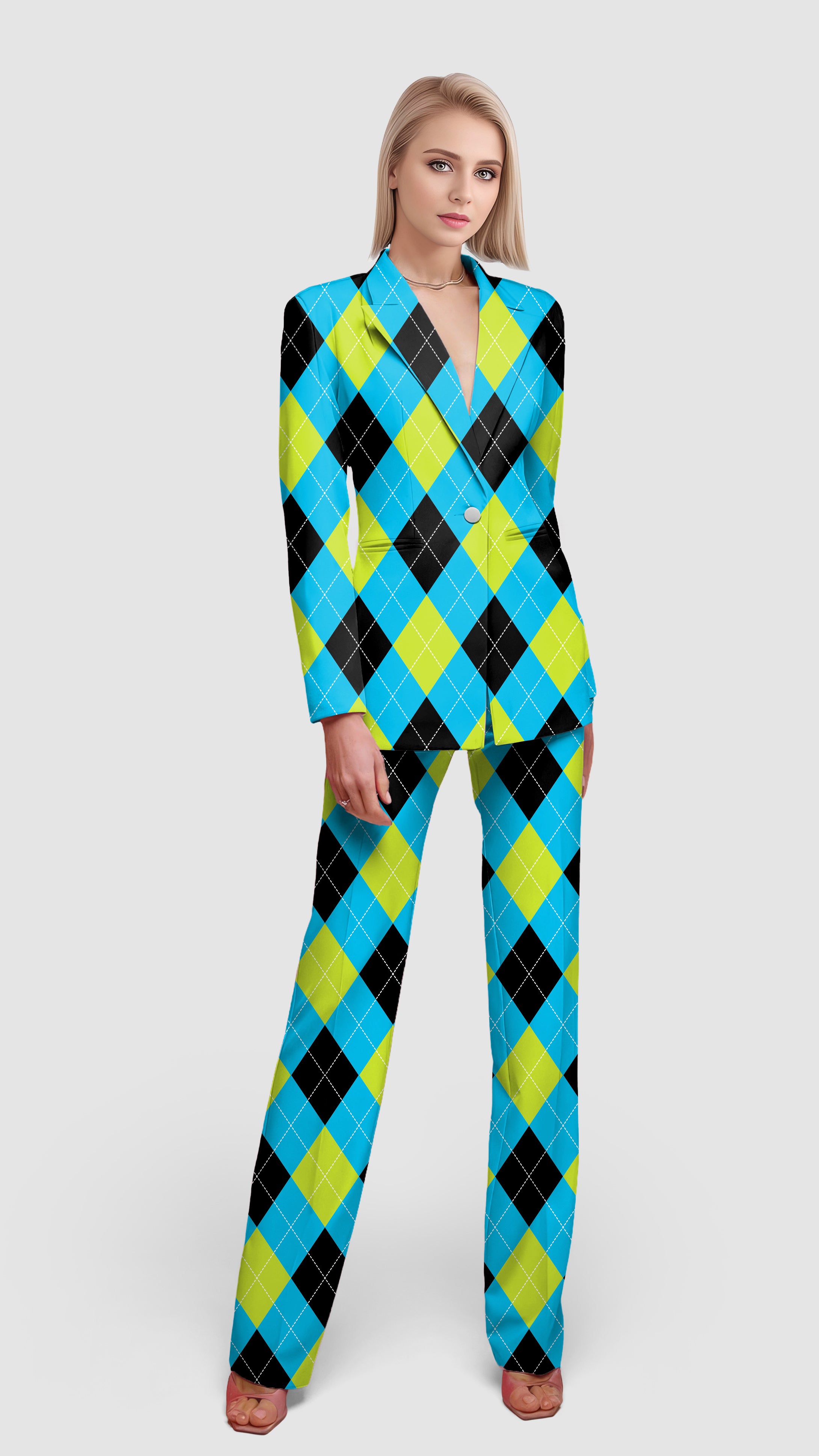 Halloween  Black Green Blue White Argyle Women's Blazer Casual Work Office Blazer Suit set