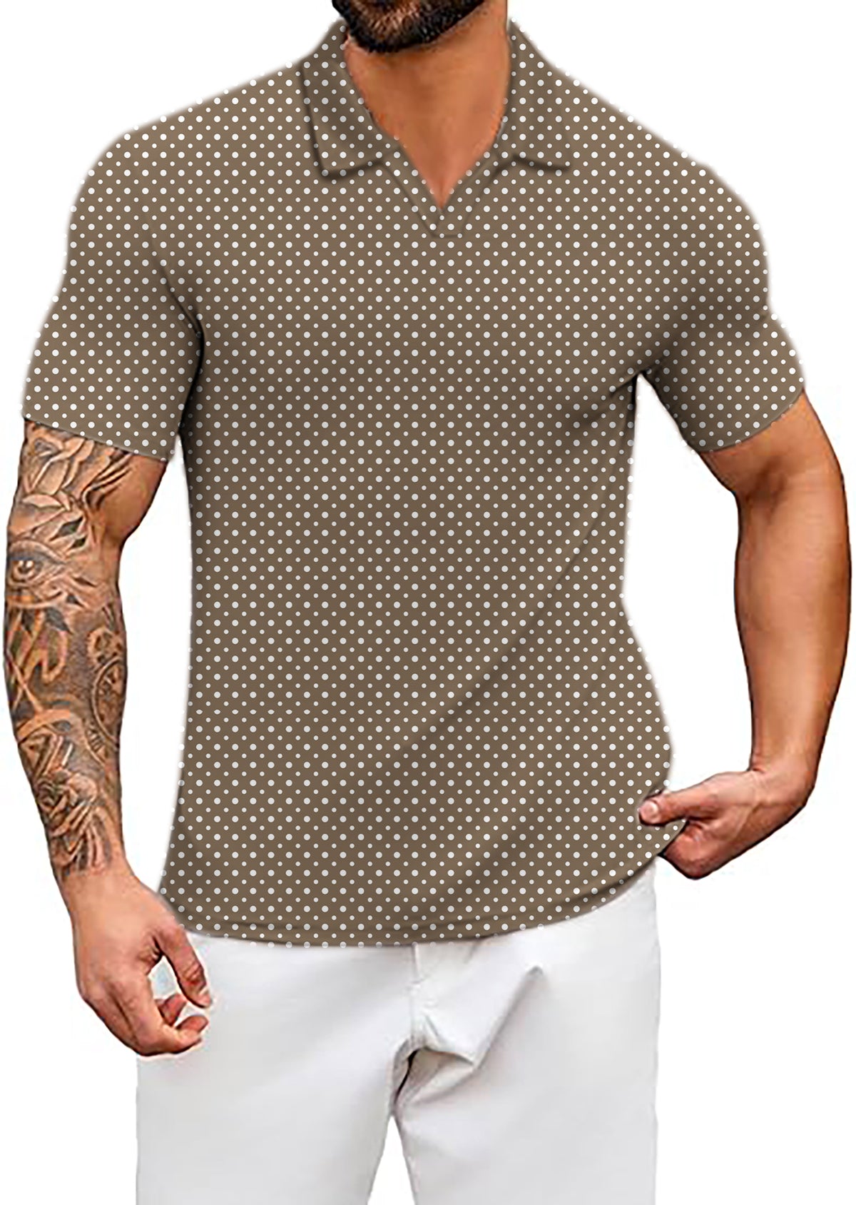 Men's white polka dot brown V Neck Golf Polo Shirts