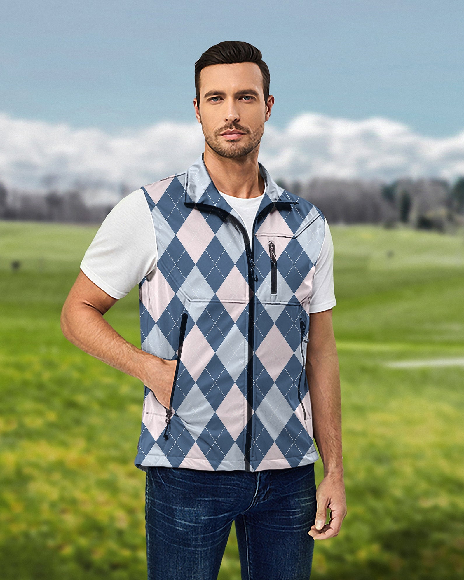 Men's blue Argyle Lightweight Softshell Vest Sleeveless Jacket for Golf Windproof Waterproof