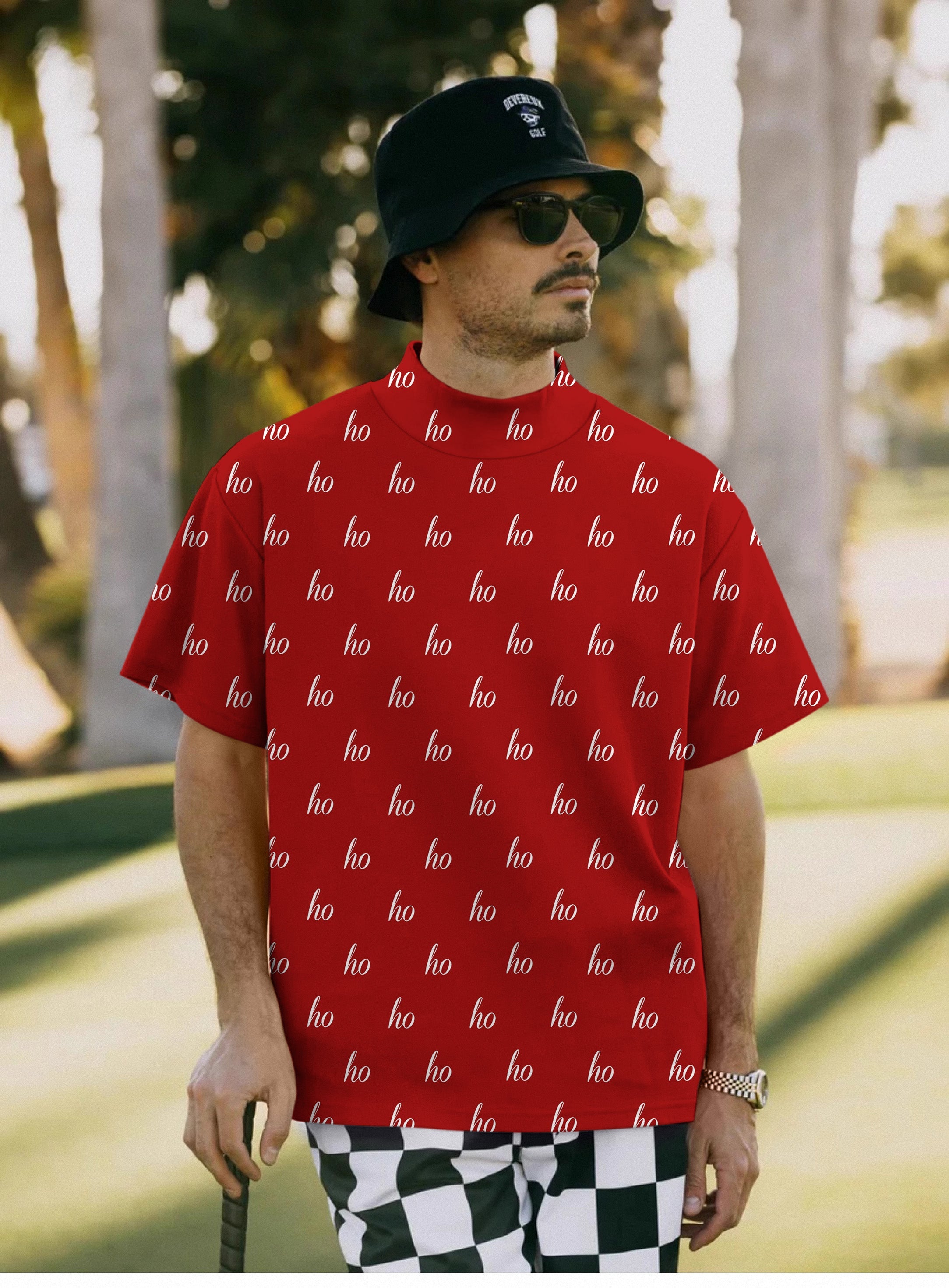 Men's red Christmas pullover with "ho" pattern and high neck, short sleeve custom name shirt