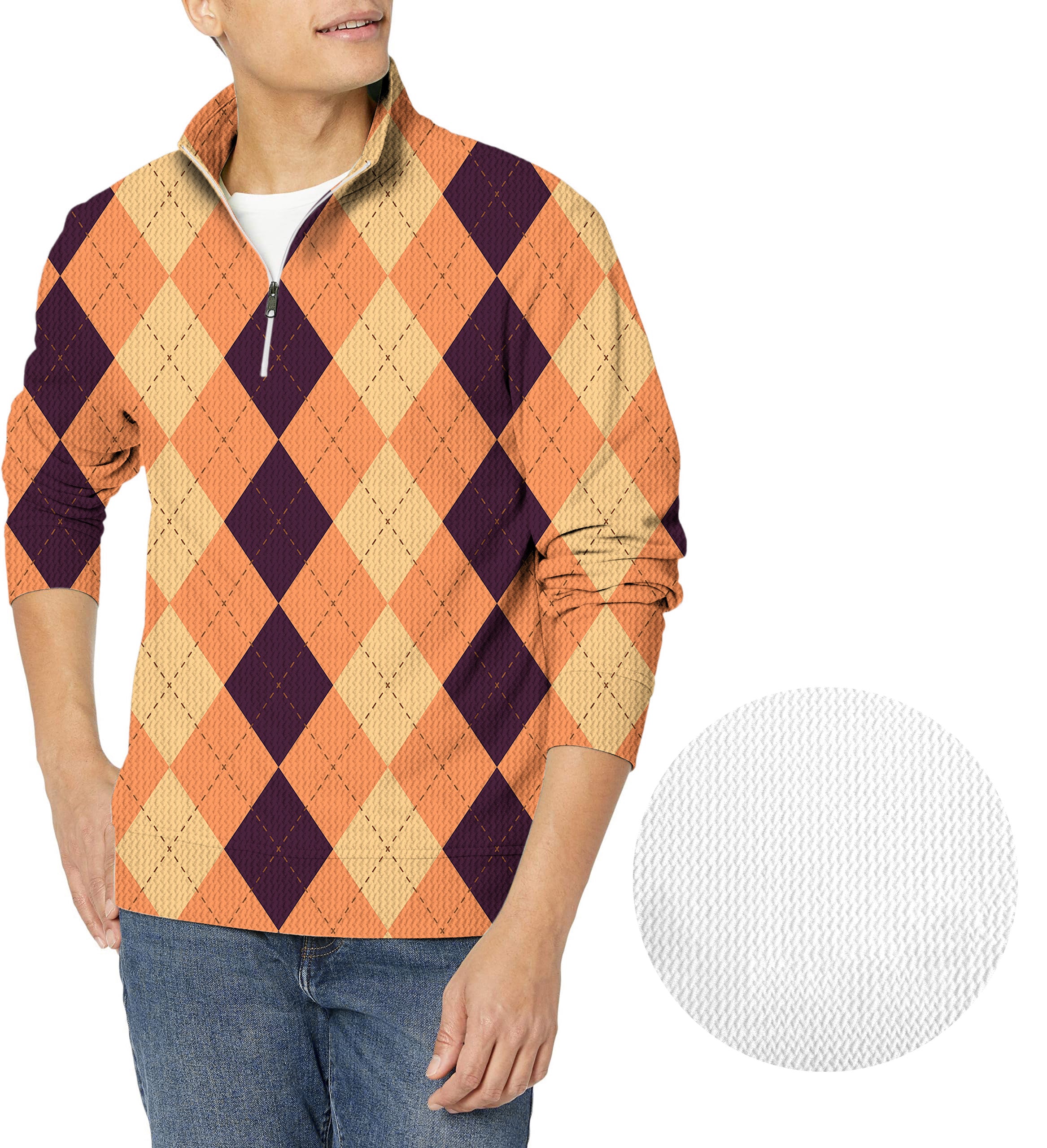 Halloween Black Light Yellow Orange Argyle Men's Golf Waffle Zipper Pullover