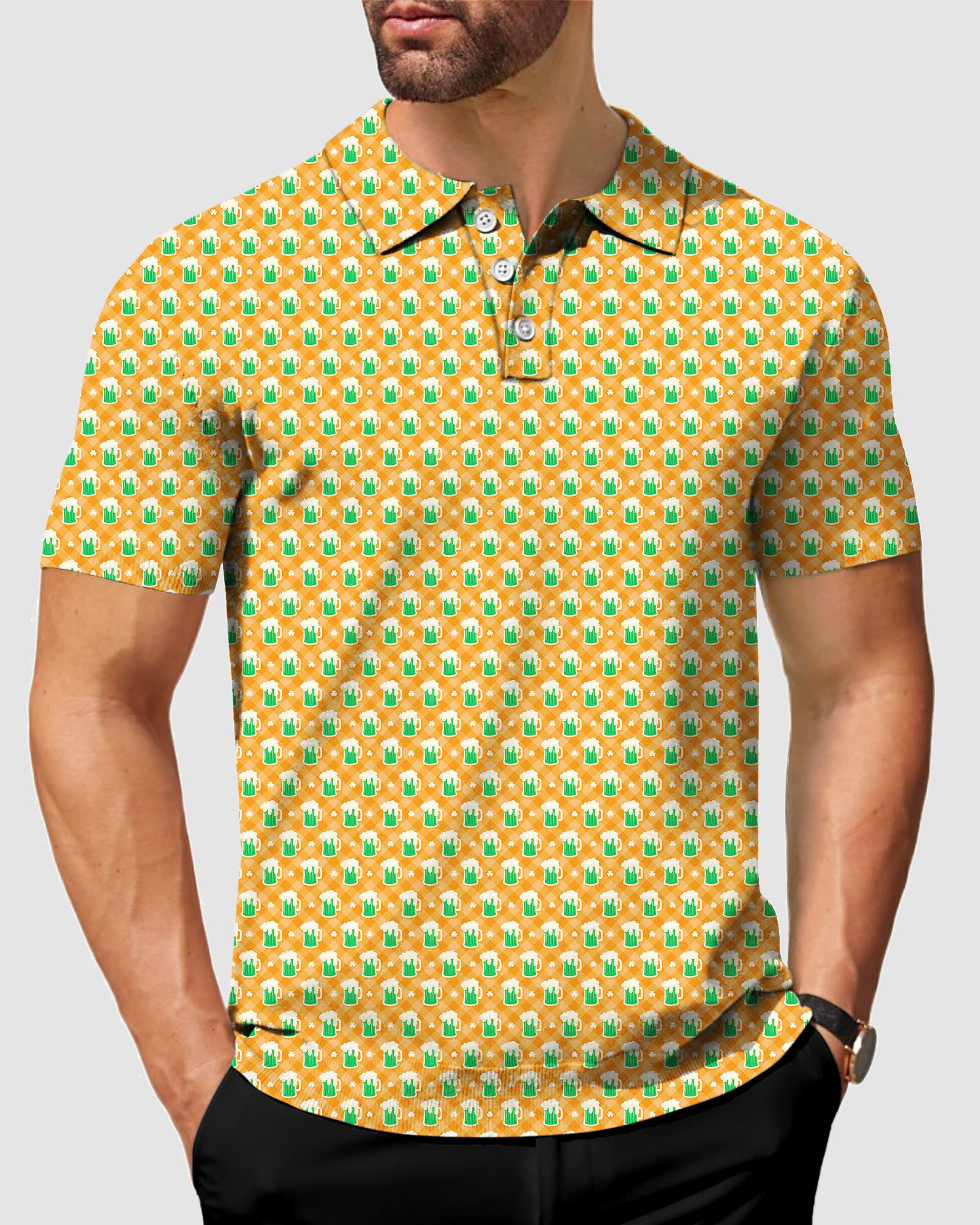 Men's Green beer and clover leaf St. Patrick's Day Golf Polo