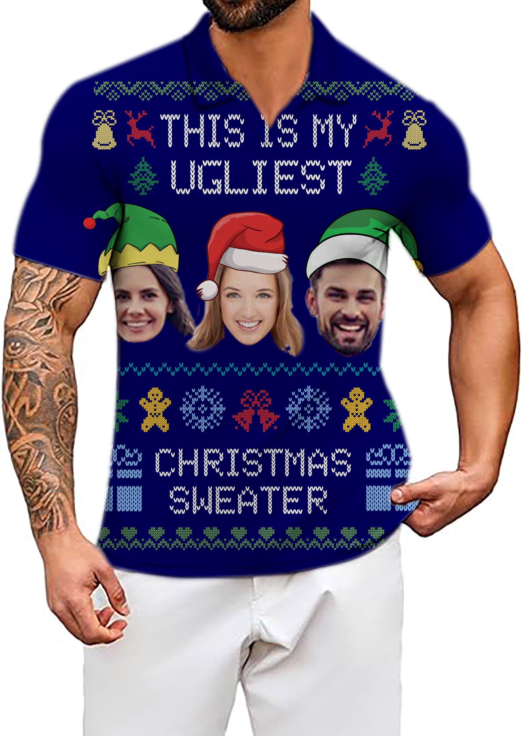 Men's Coconut Palm navy blue holiday custom face Christmas polo shirt with ink dot pattern