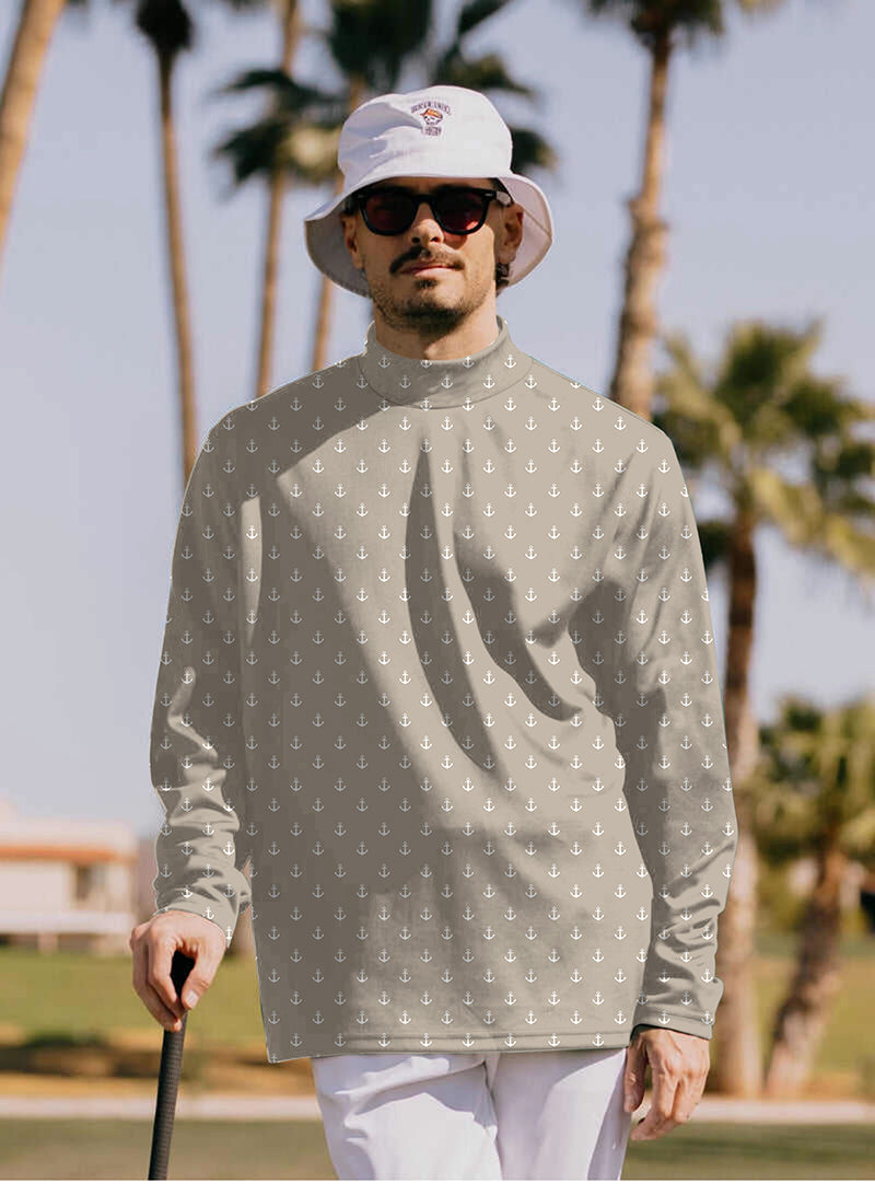 Men's beige anchor pullover high neck long sleeve golf shirt with white anchor pattern