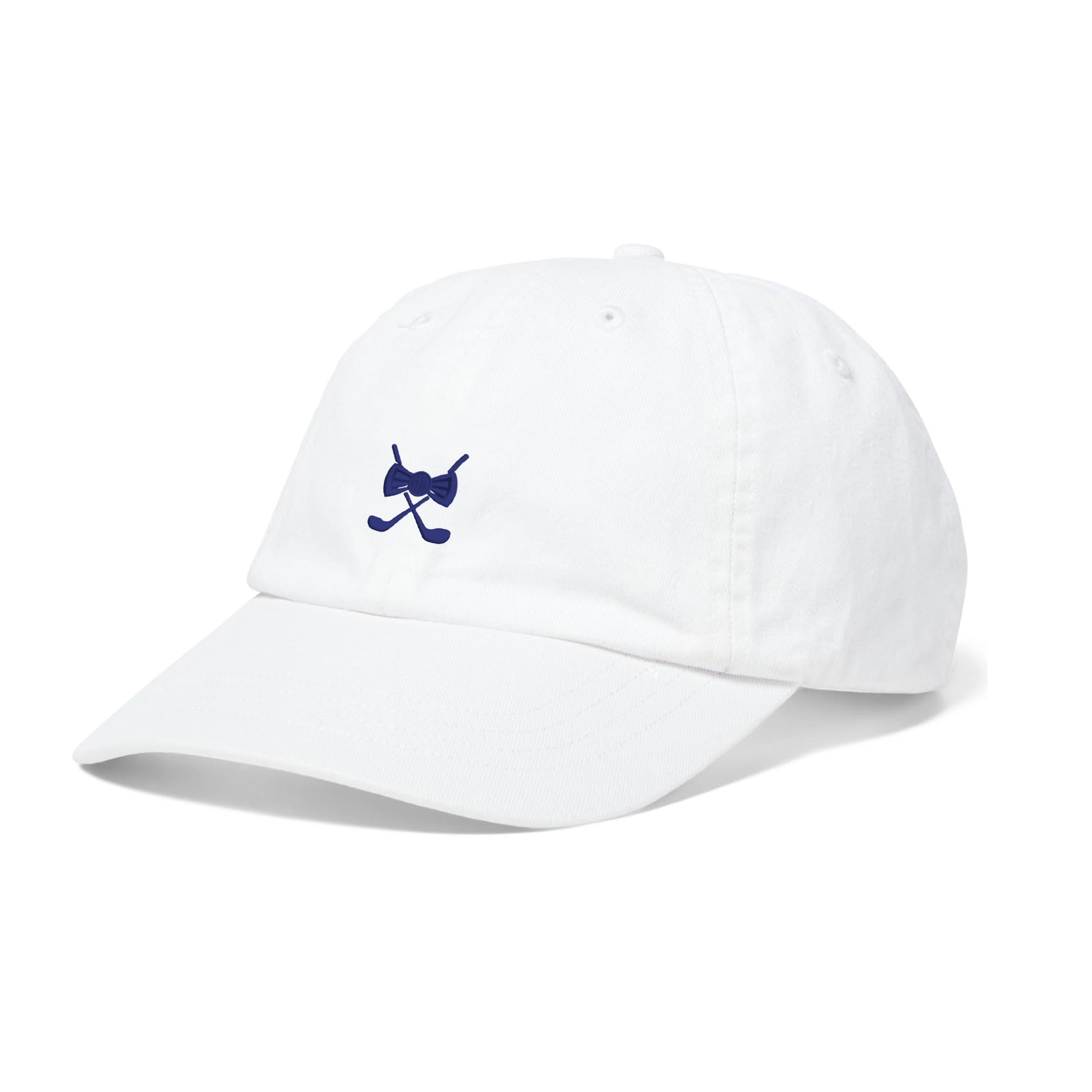White adjustable snapback golf cap with embroidered crossed golf clubs design, customizable name option, durable cotton material, curved brim, and casual style.