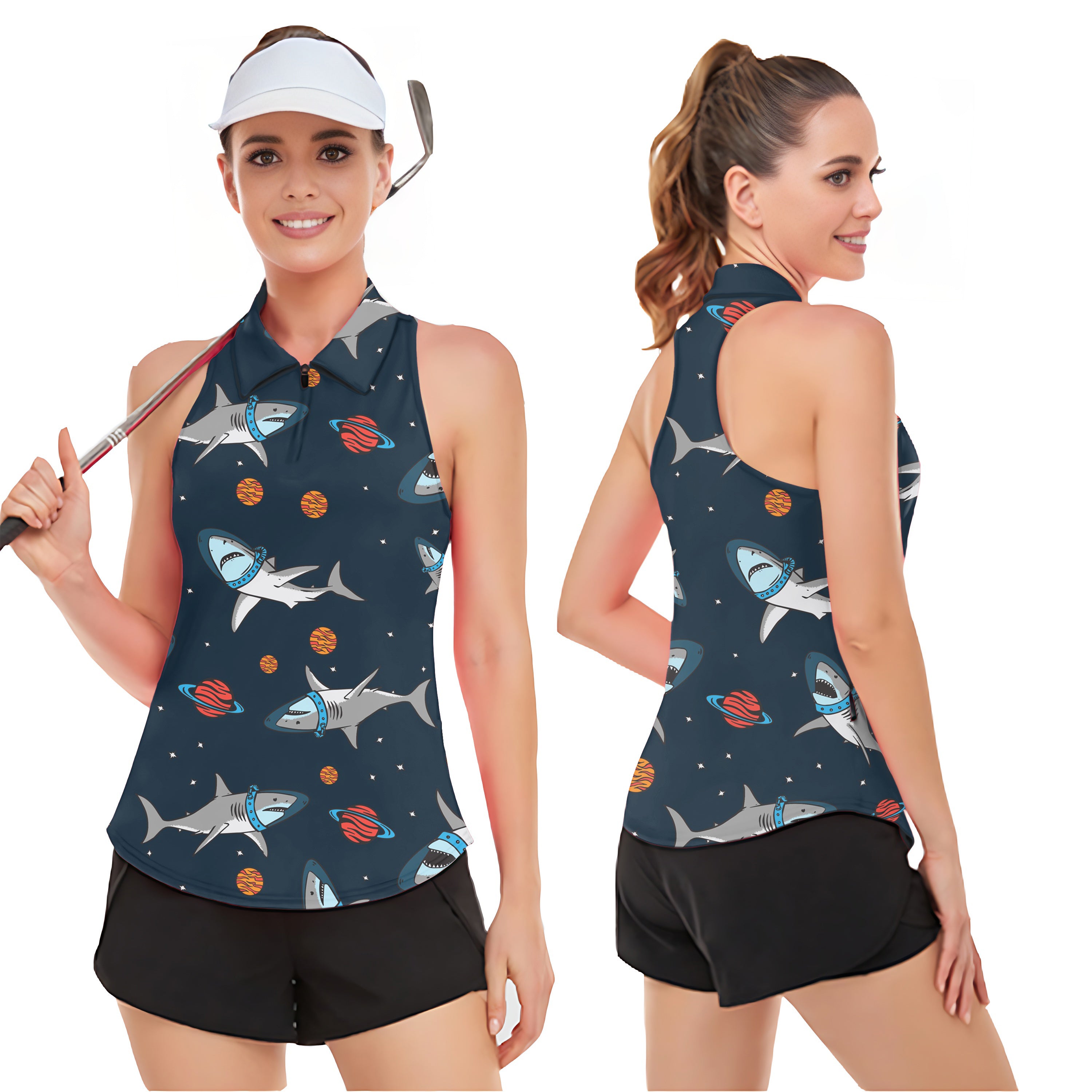 Sharks in Space Women‘s Sleeveless Golf Tank Top Shirt Polo