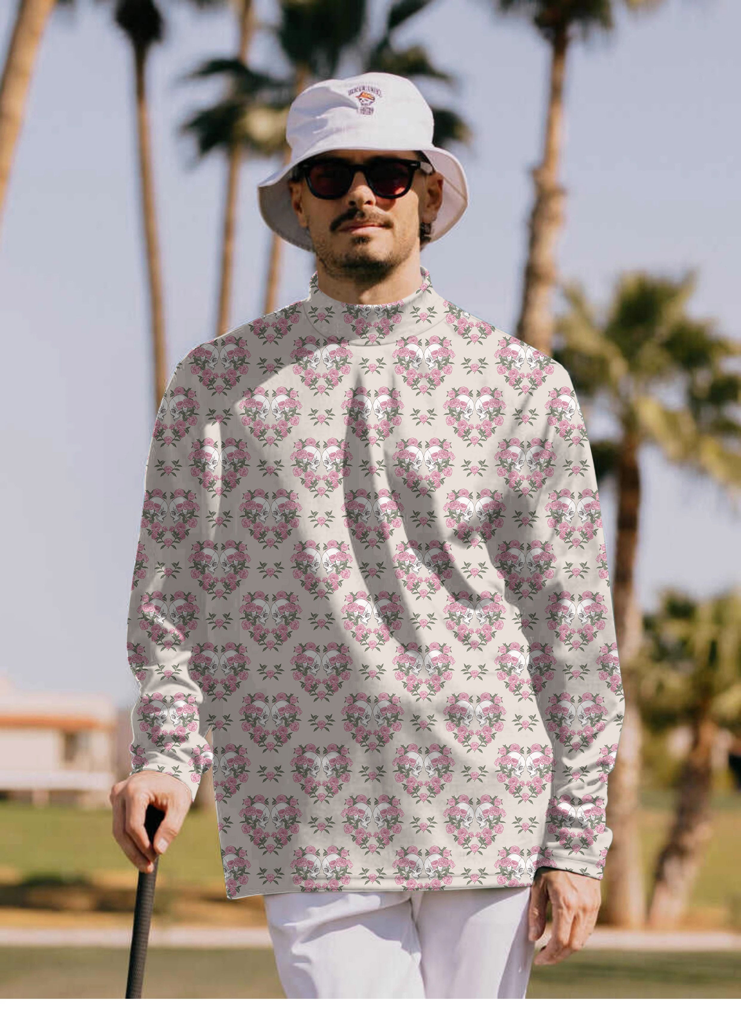 Men's Halloween Skull Rose Mock Neck Long/Short Sleeve Golf Tops