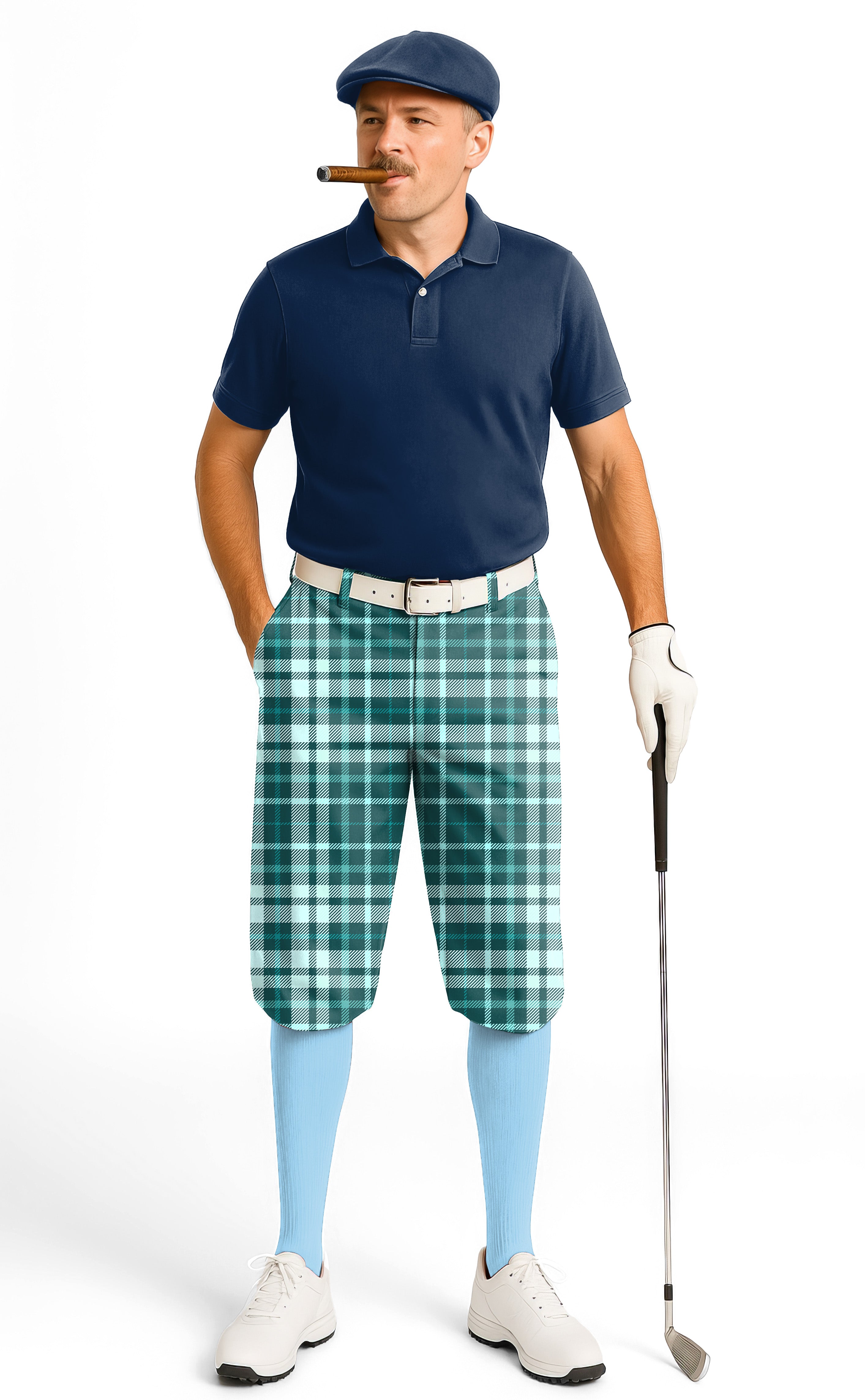 blue grid-Men's Golf Knickers Pants