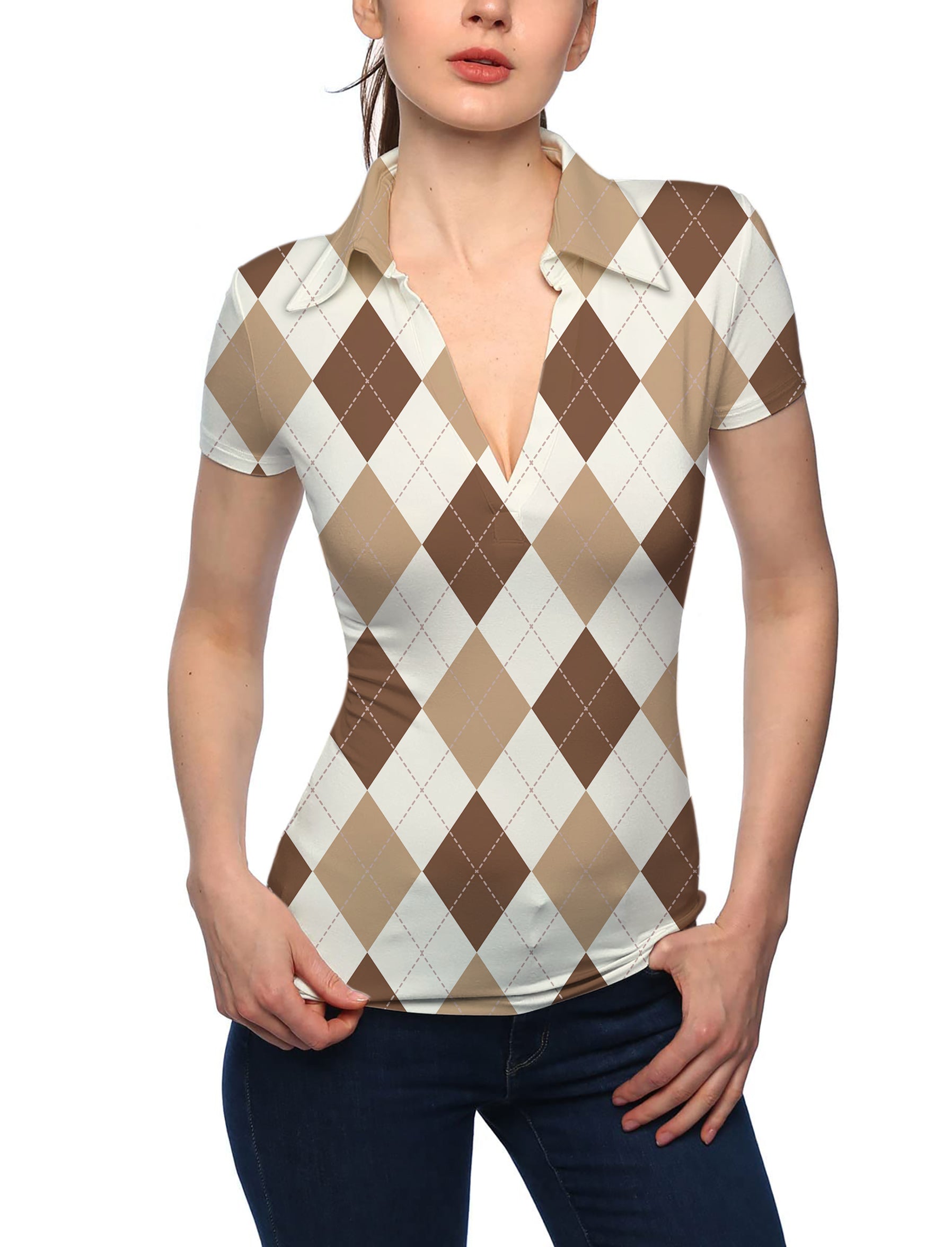 Women's brown Argyle V Neck Golf Polo