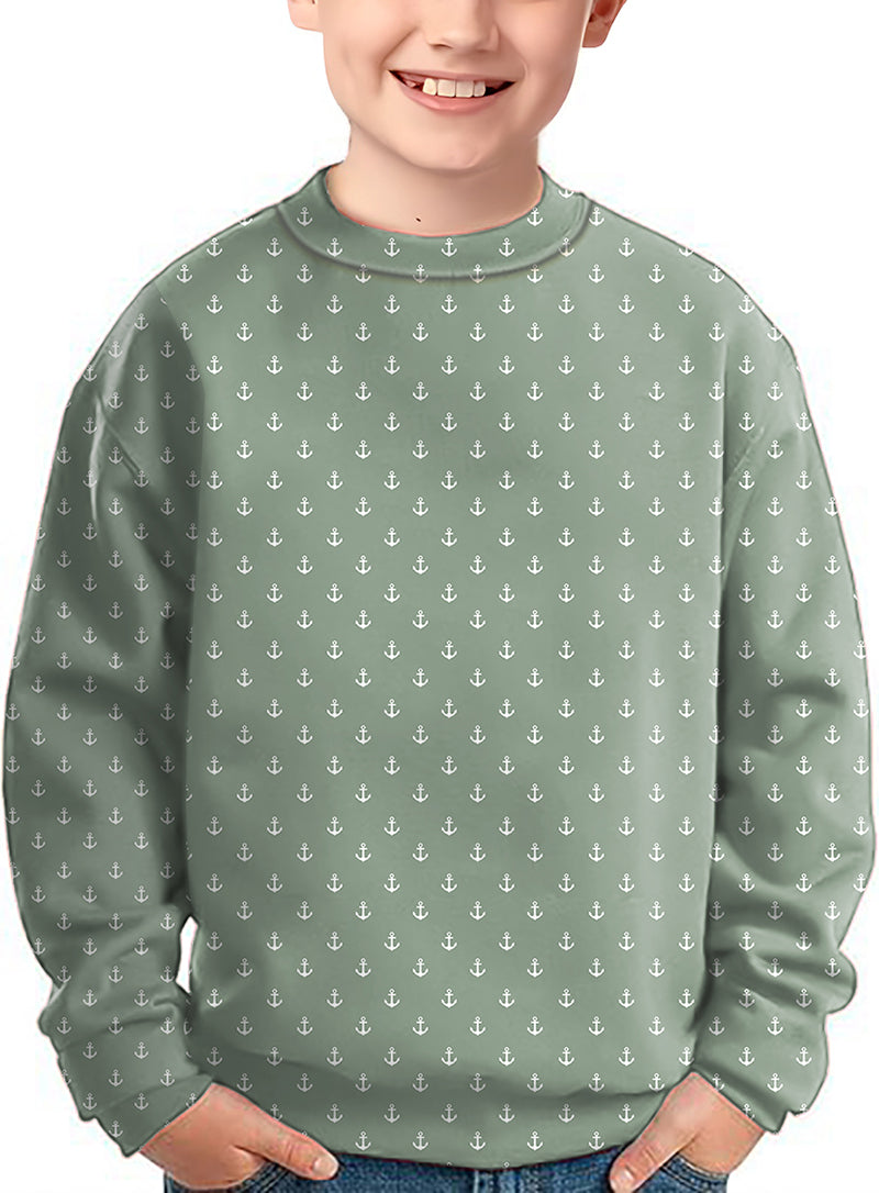 Light green anchor pattern crewneck pullover for kids