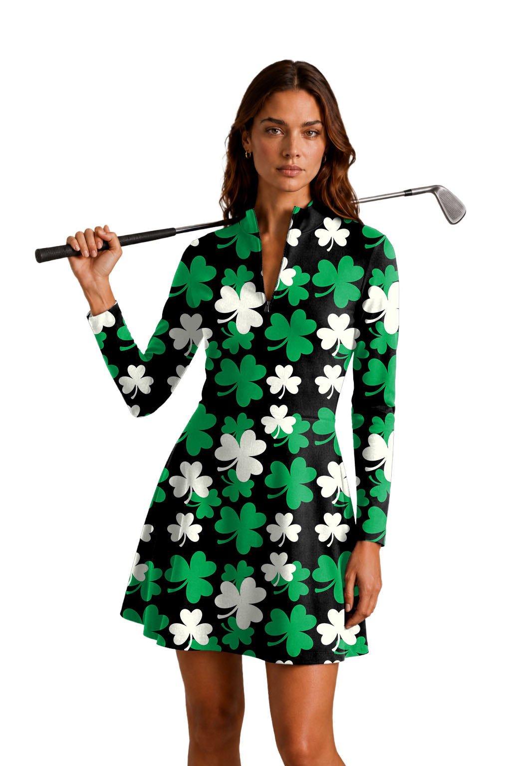 Leaf clover St. Patrick's Day Women's Golf Long Sleeve Zipper Dresses Comes with separate matching shorts
