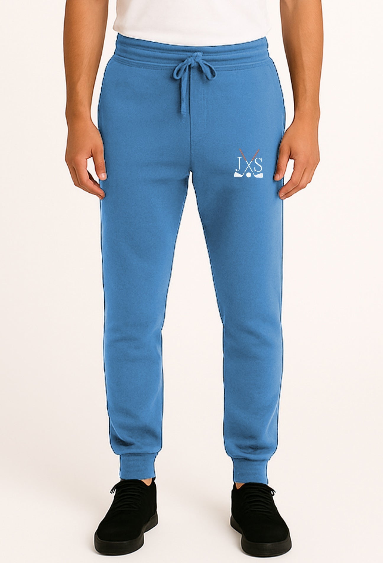 Embroidery solid color blue plus size sports sweatpants with golf club initials embroidery