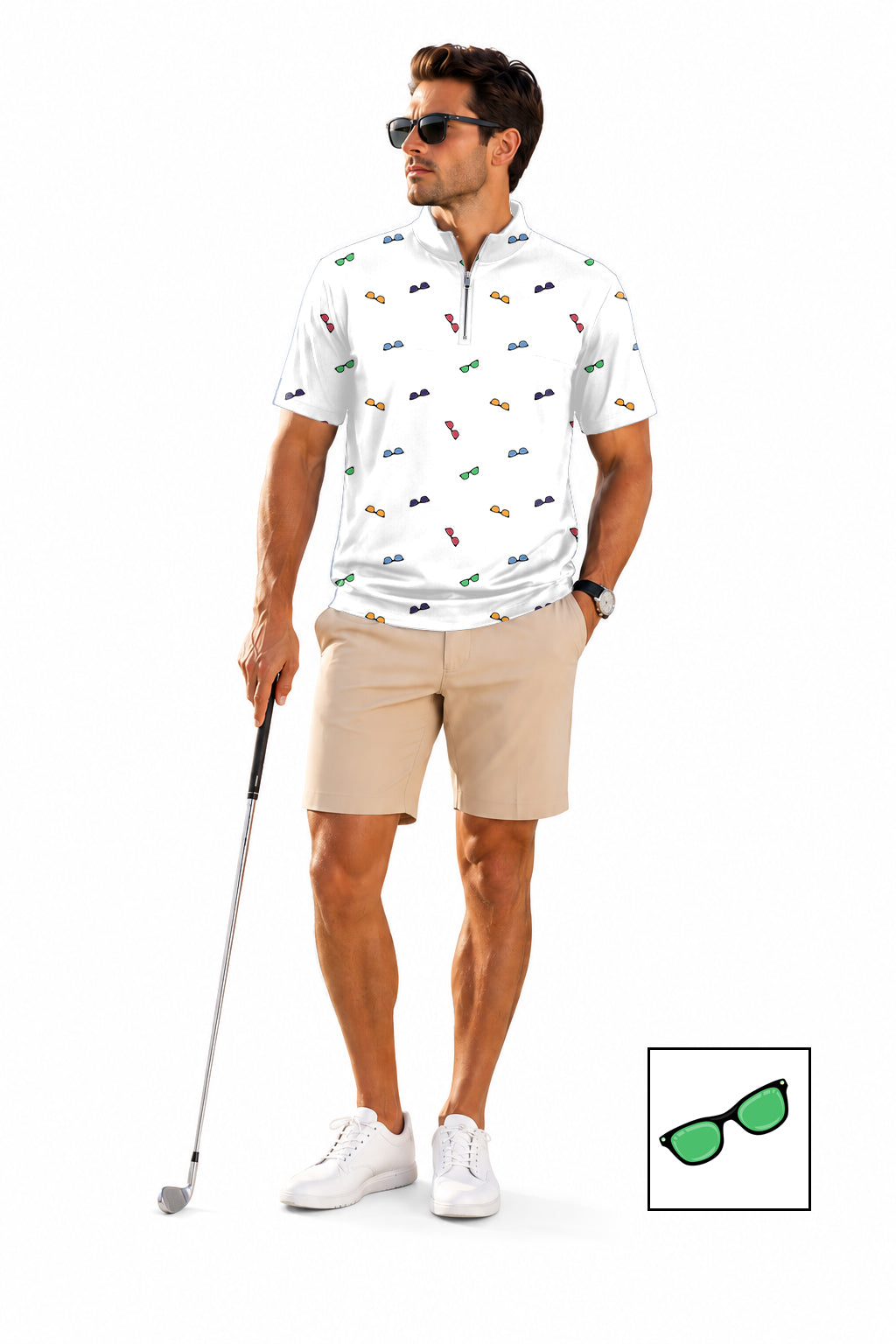 Men's Short Sleeve Quarter Zip Golf Pullover   Colorful Sunglass  Custom The Background Color Embroidery