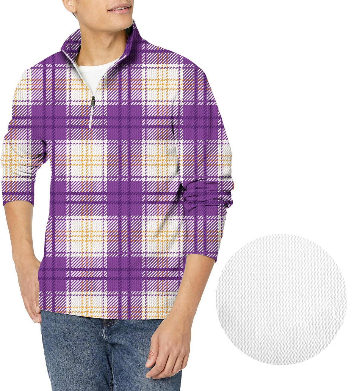 Halloween purple and yellow grid pattern Men's Golf Waffle Zipper Pullover