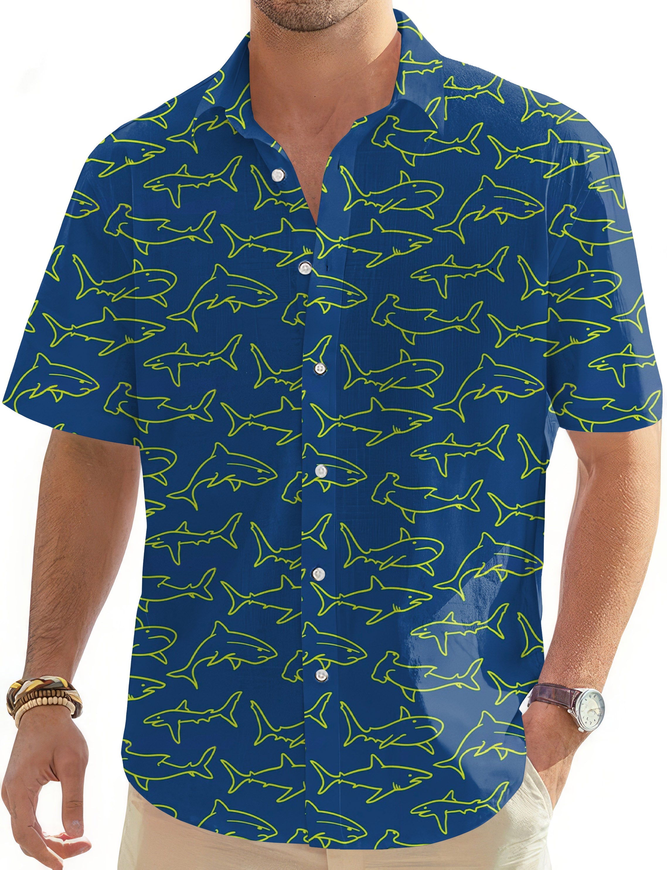 Blue Sharks-Men's Golf Hawaiian Shirts Button Down Shirt