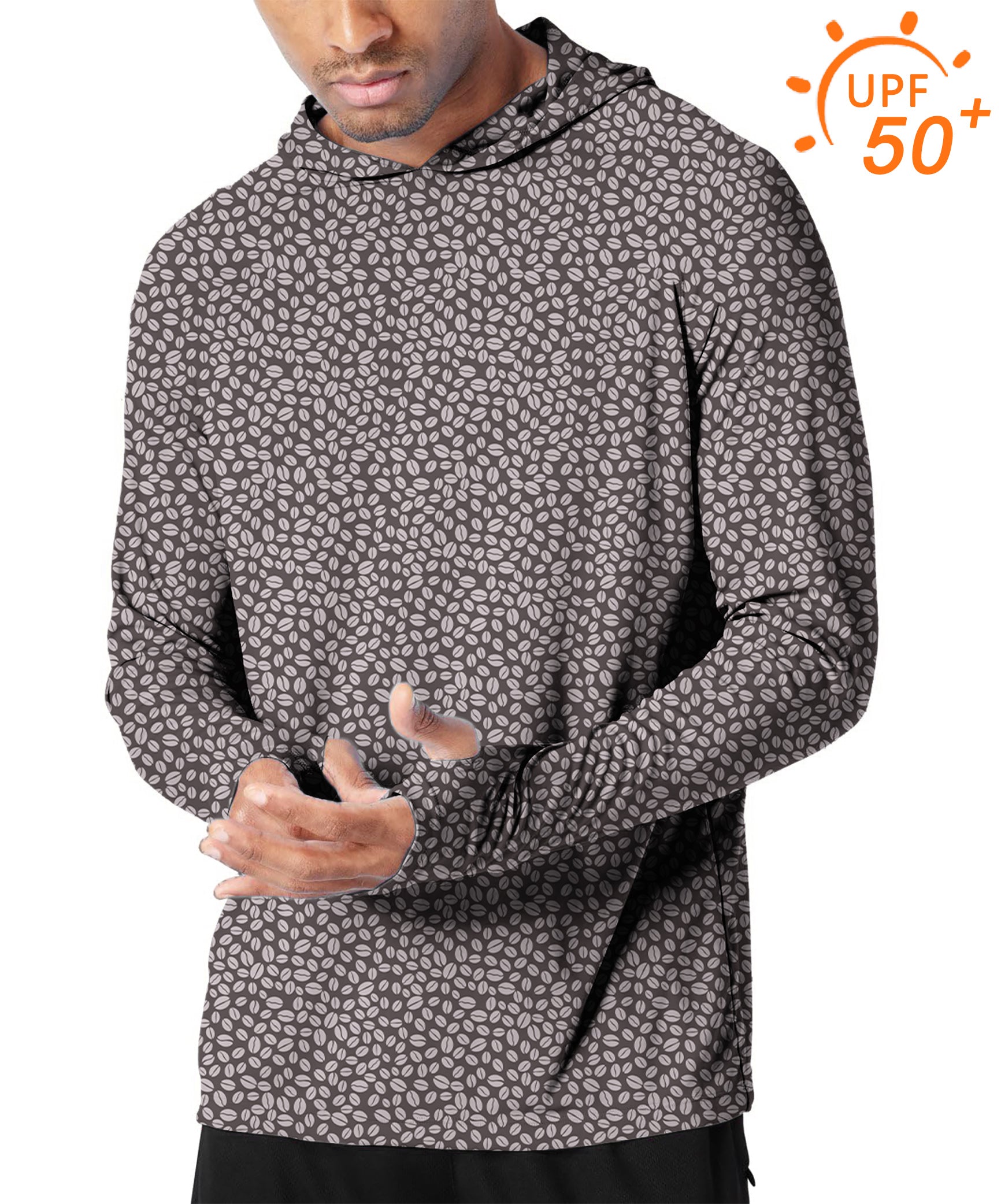 Men's slim fit outdoor hoodie with coffee beans print, UPF 50+ sun protection, breathable and moisture-wicking fabric