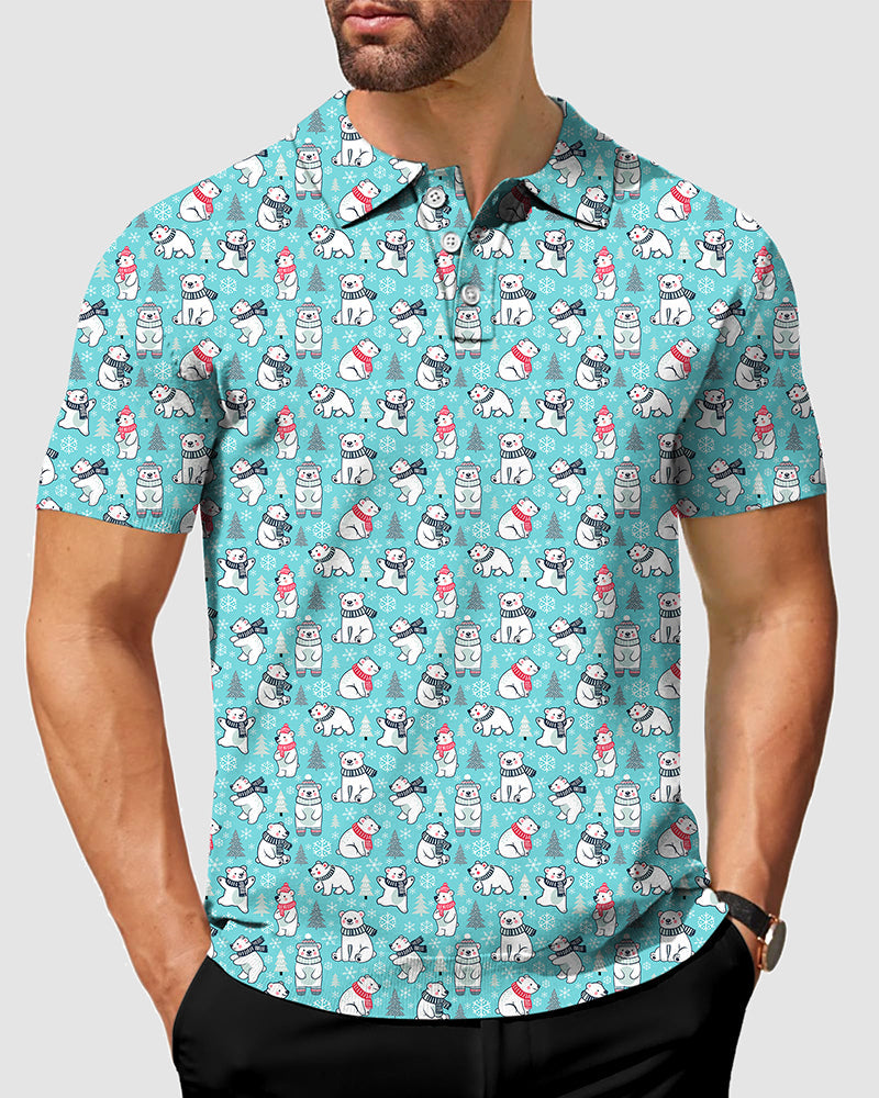 Men's Christmas white bear Polo shirt with festive polar bear print, moisture-wicking, wrinkle-resistant, and UPF 40+ protection