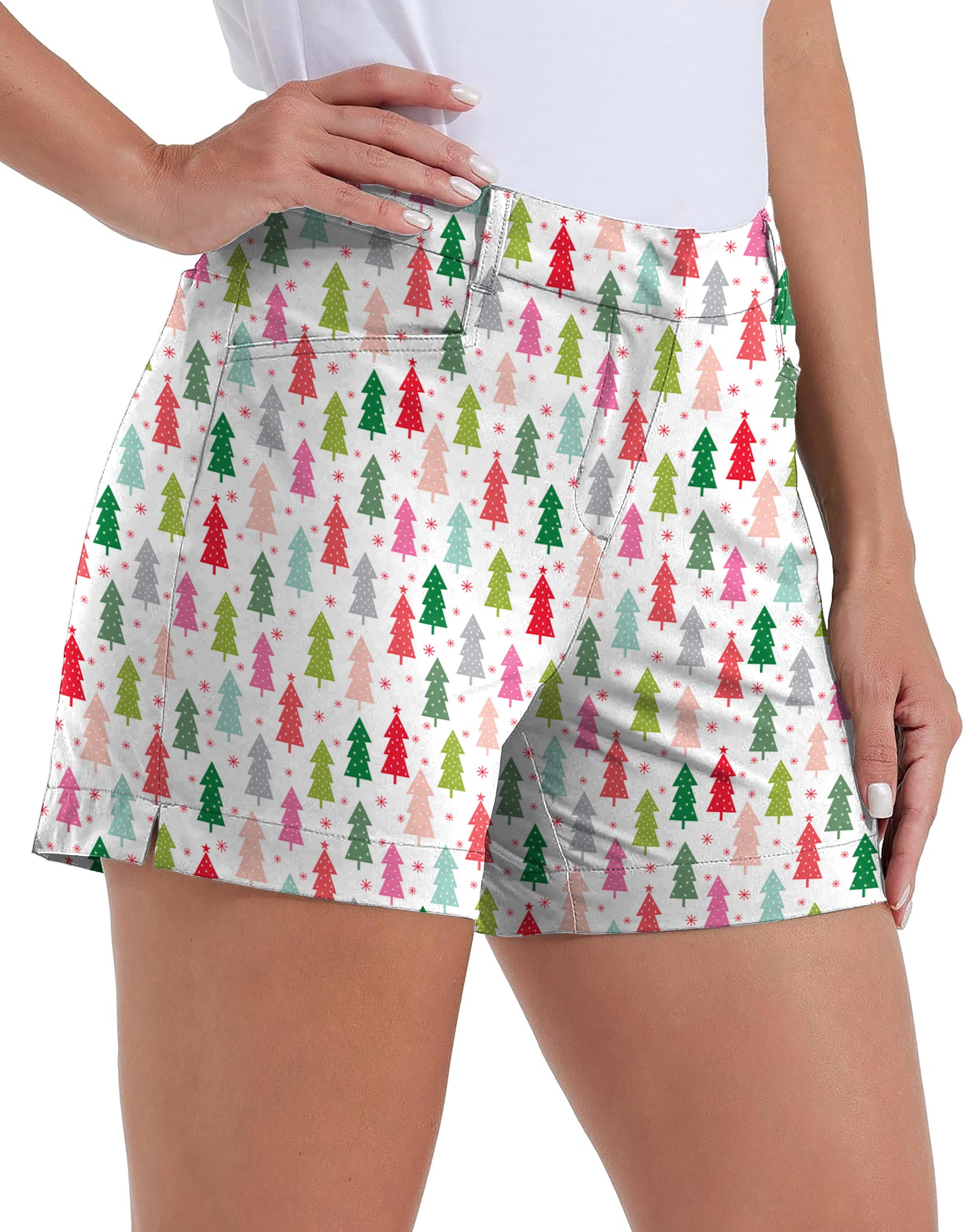 Women's colorful Christmas tree golf shorts with quick-drying fabric and pockets