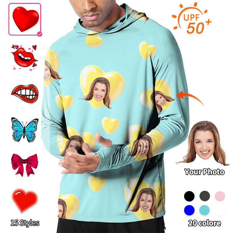 Valentine's Day Men's Outdoor Custom Photo Face Custom Color Green Blue Love Golf Sun Protection Slim Fit  Hoodies