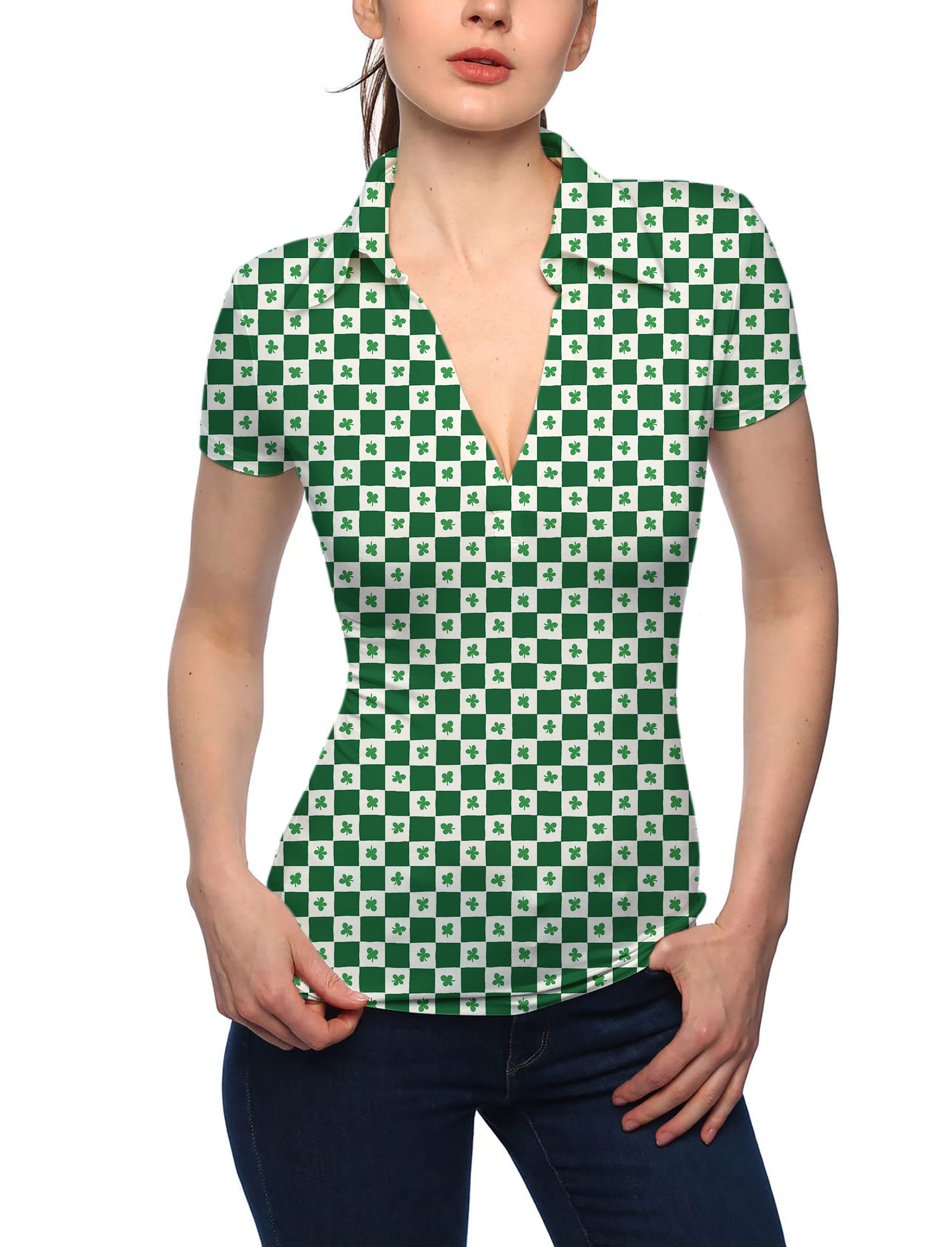 Women's Leaf clover St. Patrick's Day V Neck Golf Polo